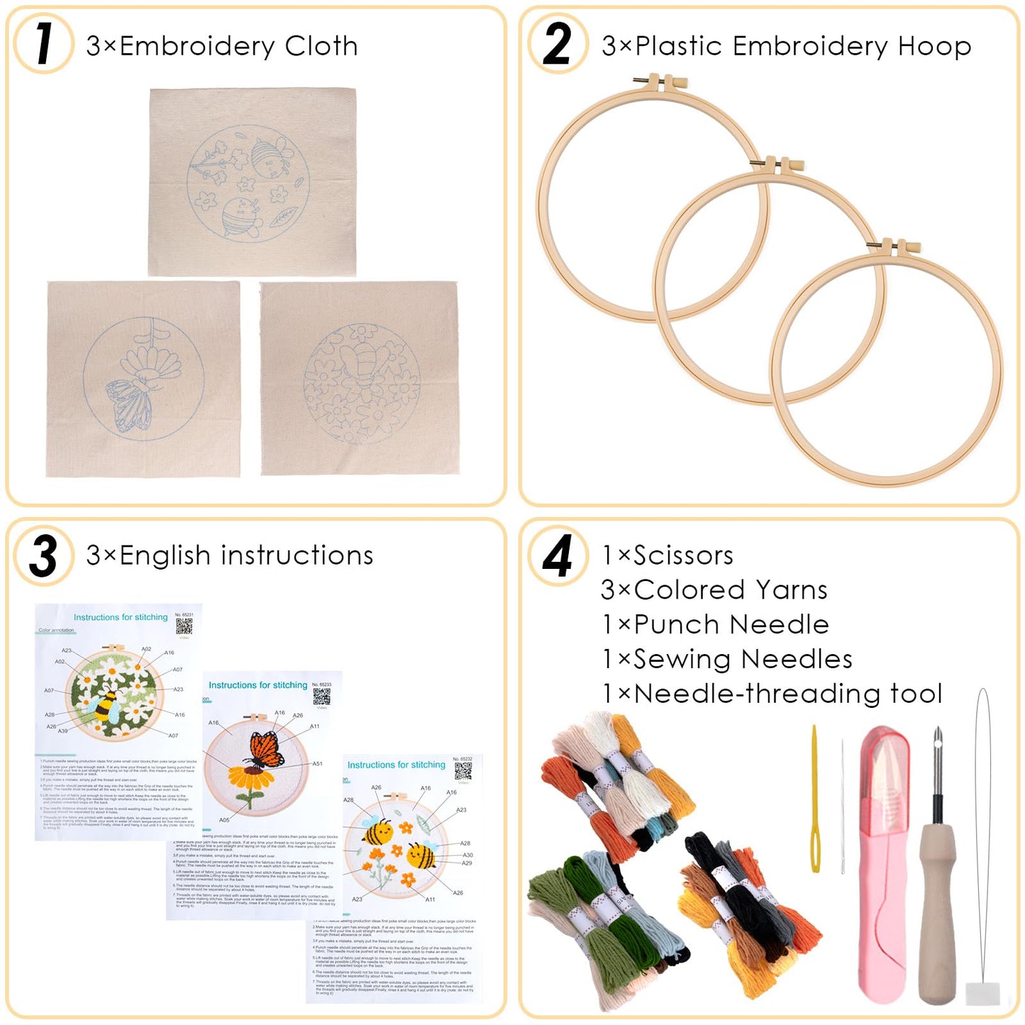 Peotclola Punch Needle Kit for Adults,3 Sets Punch Needle Kits Beginner DIY Embroidery Starter Set with Tools for Home Decoration, Family, Friends Gifts(Bees,Butterfly)