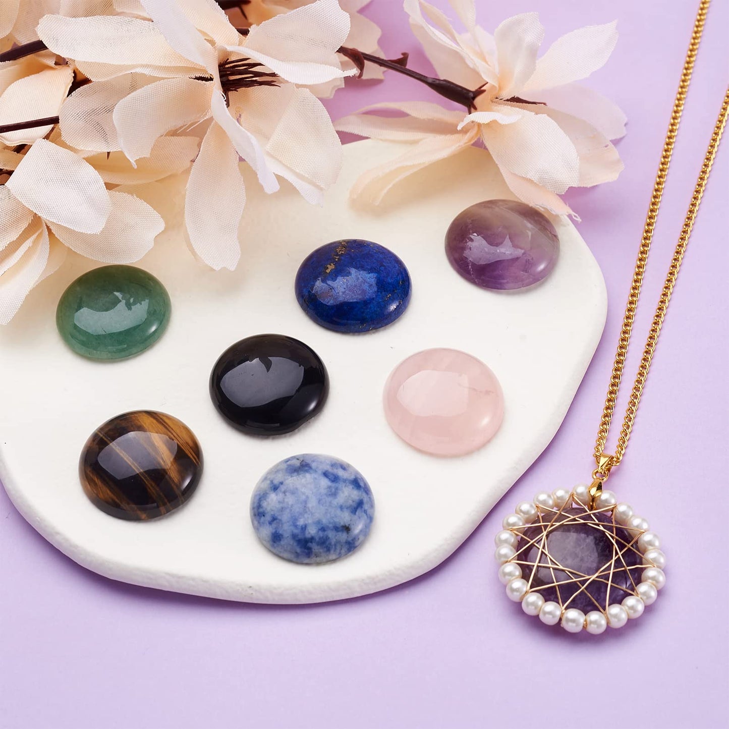 Fashewelry 14pcs Natural Gemstone Cabochons 25mm Mixed Flat Back Crystal Stone Cab Covers Dome Chakra Healing Stone Beads for Earring Pendant Bookmark Cabochon Setting Jewelry Making Supplies
