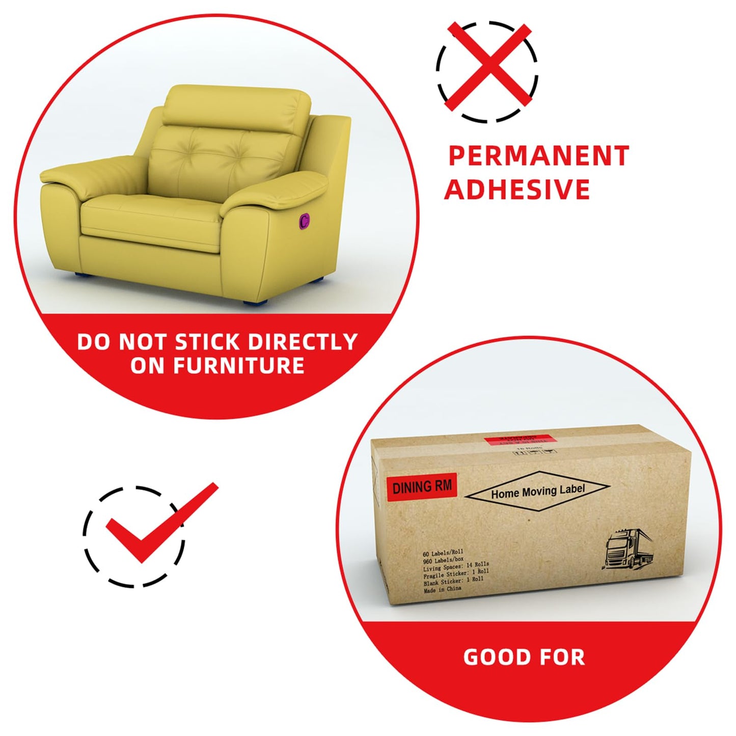 Misofuki 16 Rolls 960 Pcs 1"x4.5" Color Coded Moving Labels Stickers for Boxes with 4 Bedroom Labels - Can Stick on Furniture Directly, NOT Recommended for Rough Surfaces, Such as Carton