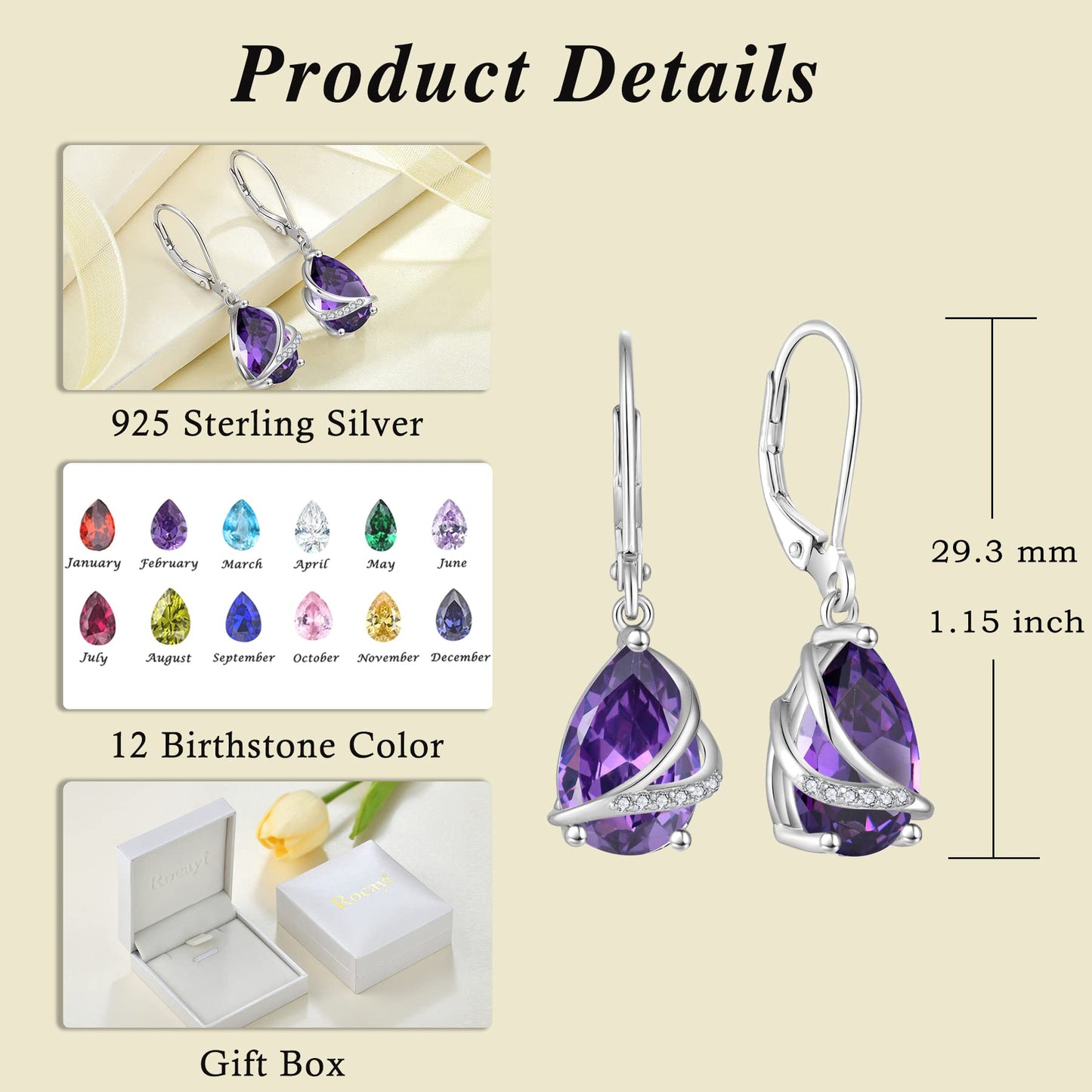 Rocayi Teardrop Amethyst Earrings 925 Sterling Silver Dangle Drop Earrings February Birthstone Jewelry for Women