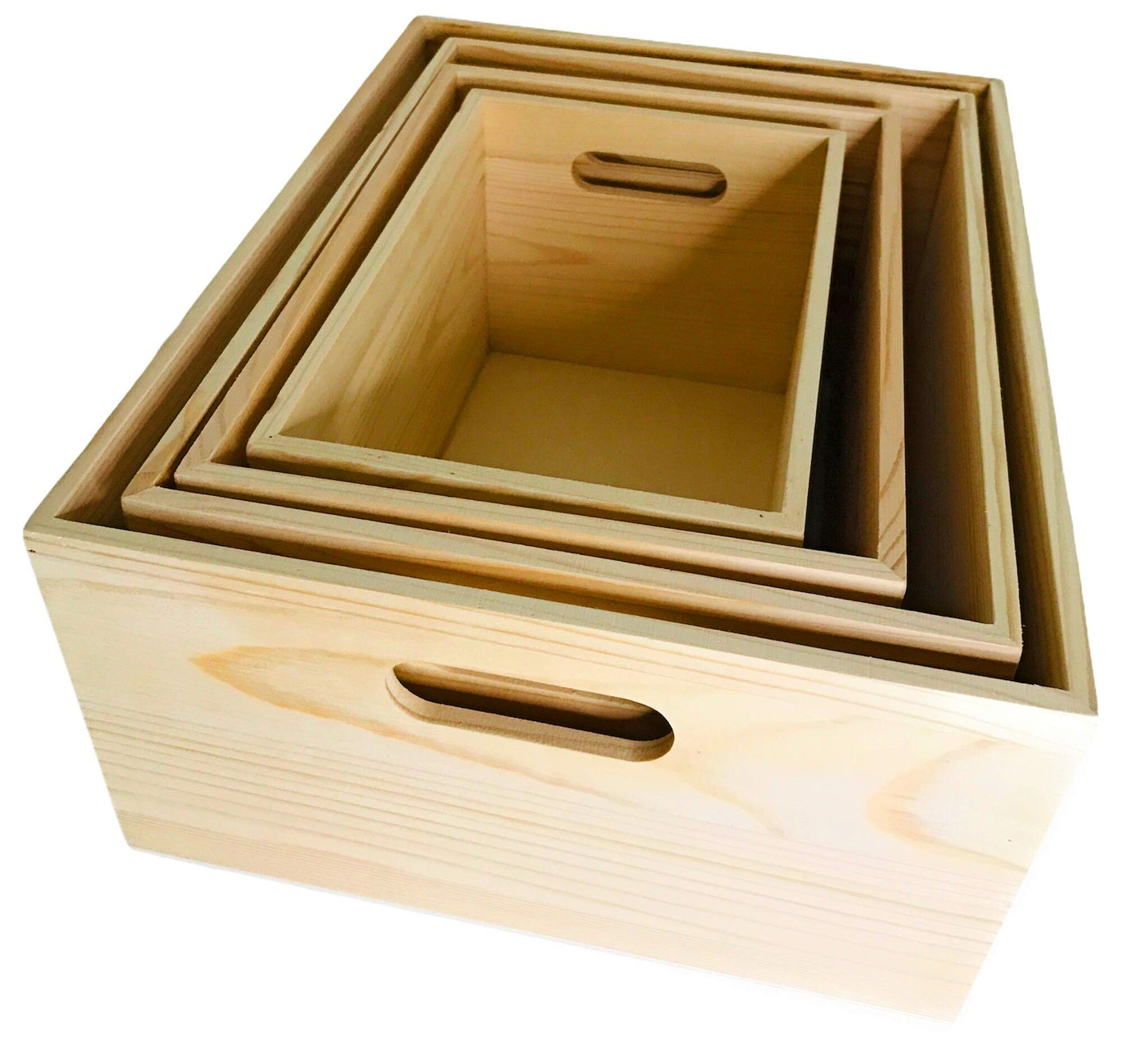 Oojami Unfinished Wooden Crates 4 Pack for Storage & Display Nesting Wood Boxes with Handles, Organizer Bins for Crafts, Decor, Farmhouse, Kitchen, Pantry - Pine