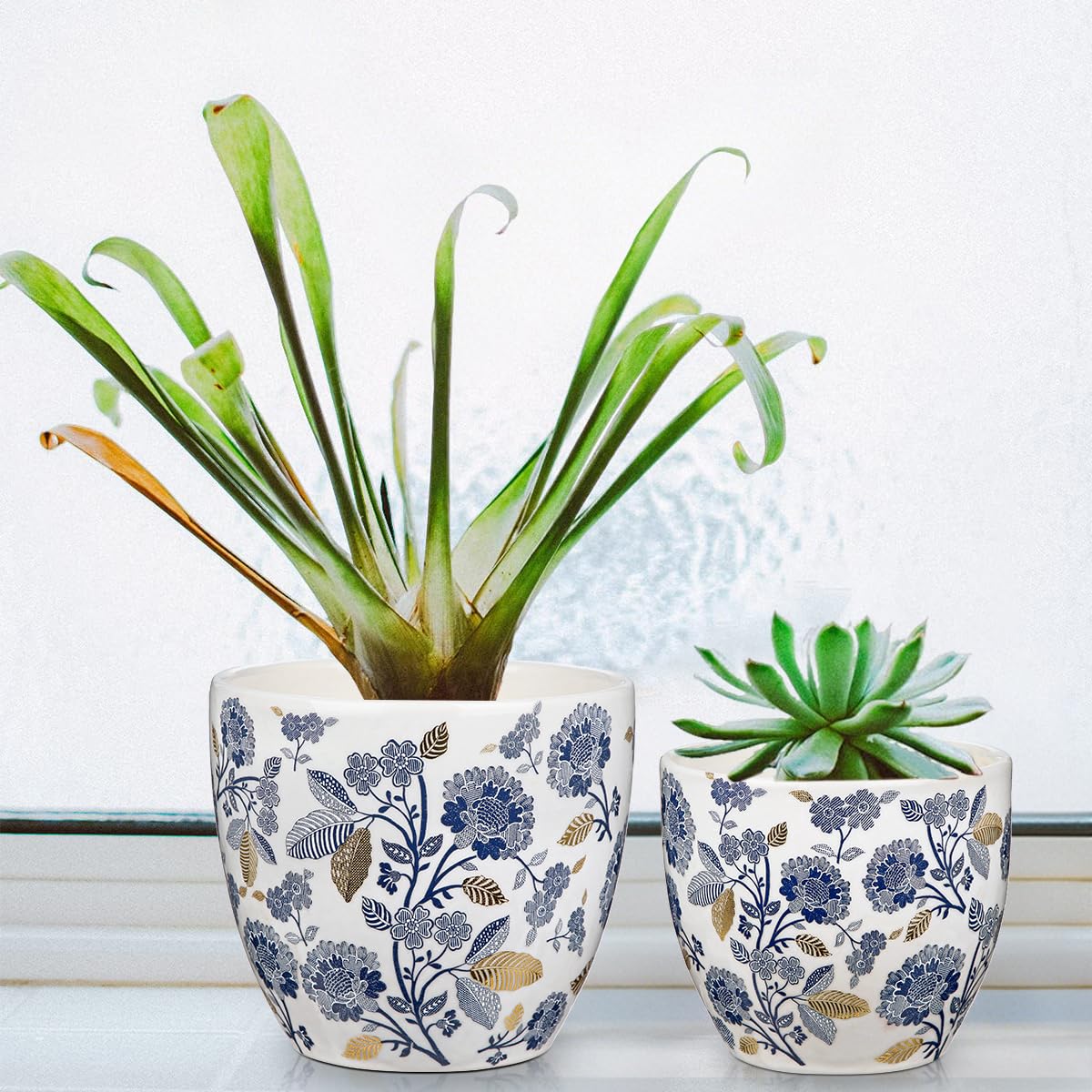 Decorative Flower Pots Blue and White Plant Pot Gold Accent Ceramic Planters for Indoor Plants Pots with Drainage Retro Planter Pot for Succulents Cactus Herb Snake Plants Outdoor Garden, 7.6/5.5 Inch