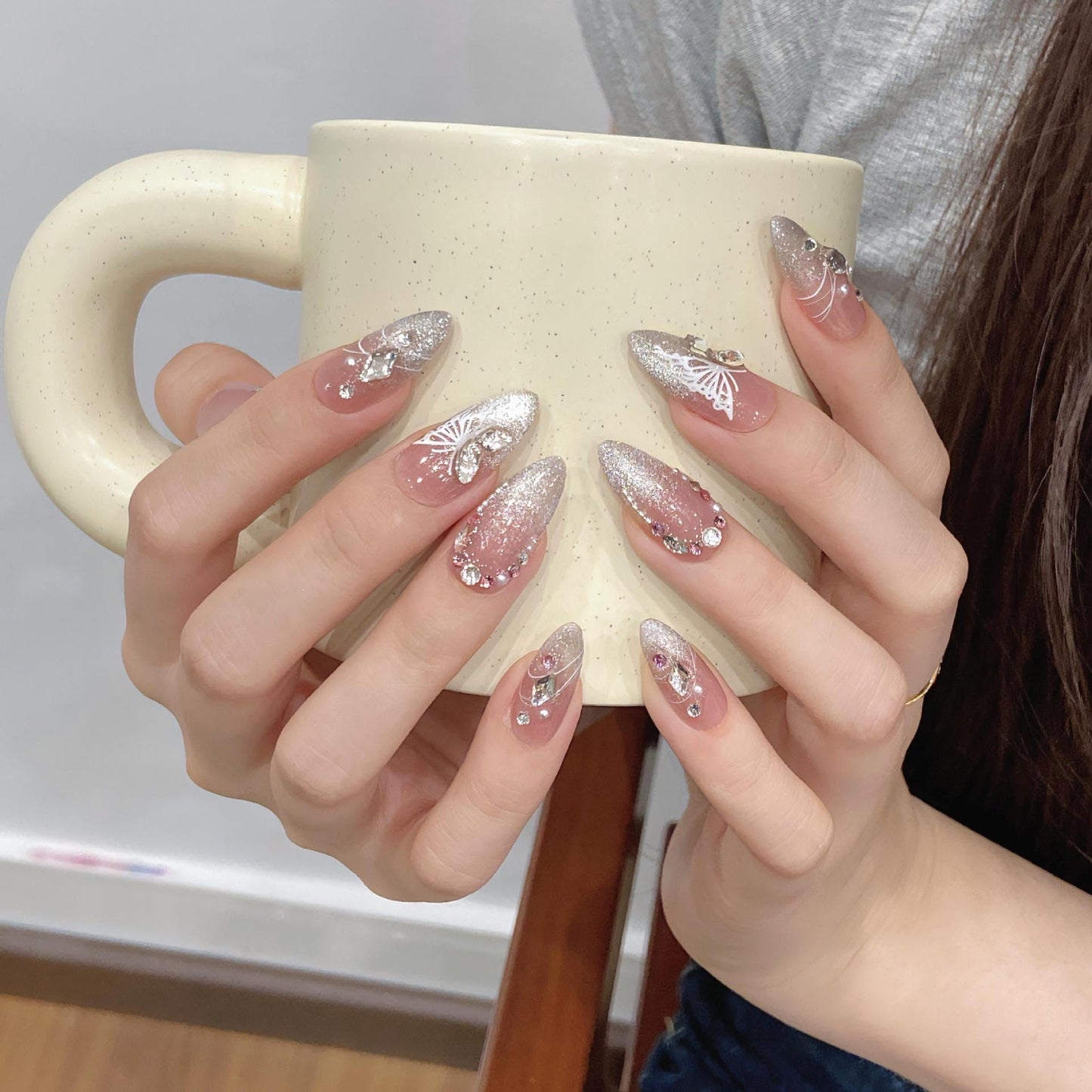 NLSJMP,Handmade Nails Press on,Luxury glitter rhinestone butterfly Design Nail Art Kit,Acrylic Fake Nails Kit,Reusable False nails,Include Toolkit,10pcs,Almond,Size M