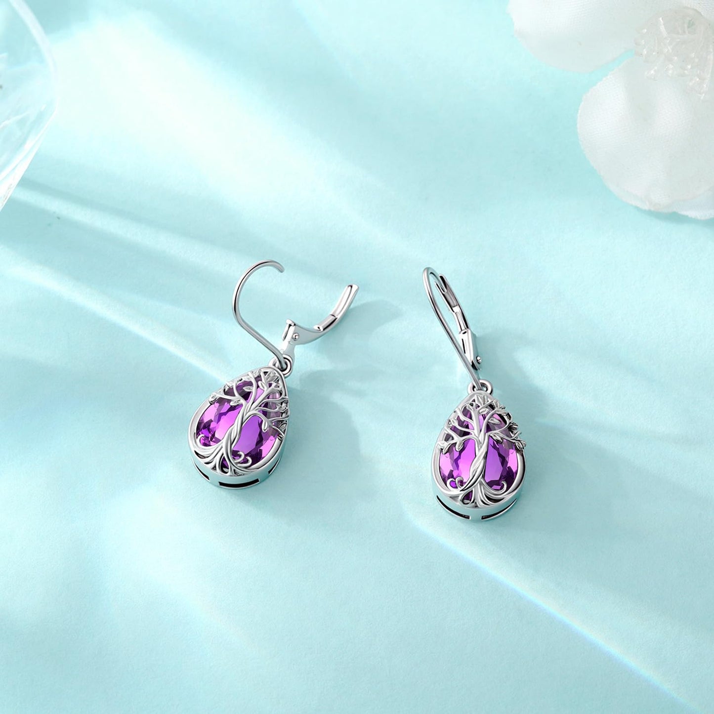 Eusense Tree of Life Earrings Sterling Silver Birthstone Teardrop Dangle Amethyst Earrings for Women Leverback Tree of Life Jewelry