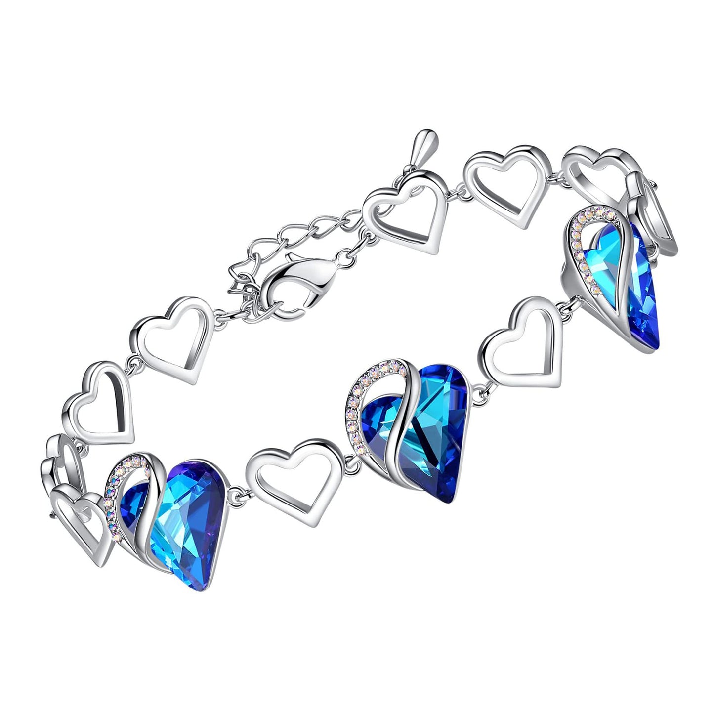 Leafael Infinity Love Heart Gift Bracelet for Women, September Birthstone Crystal, Rainbow Blue, Silver Tone, 7-inch Chain and 2-inch Extender