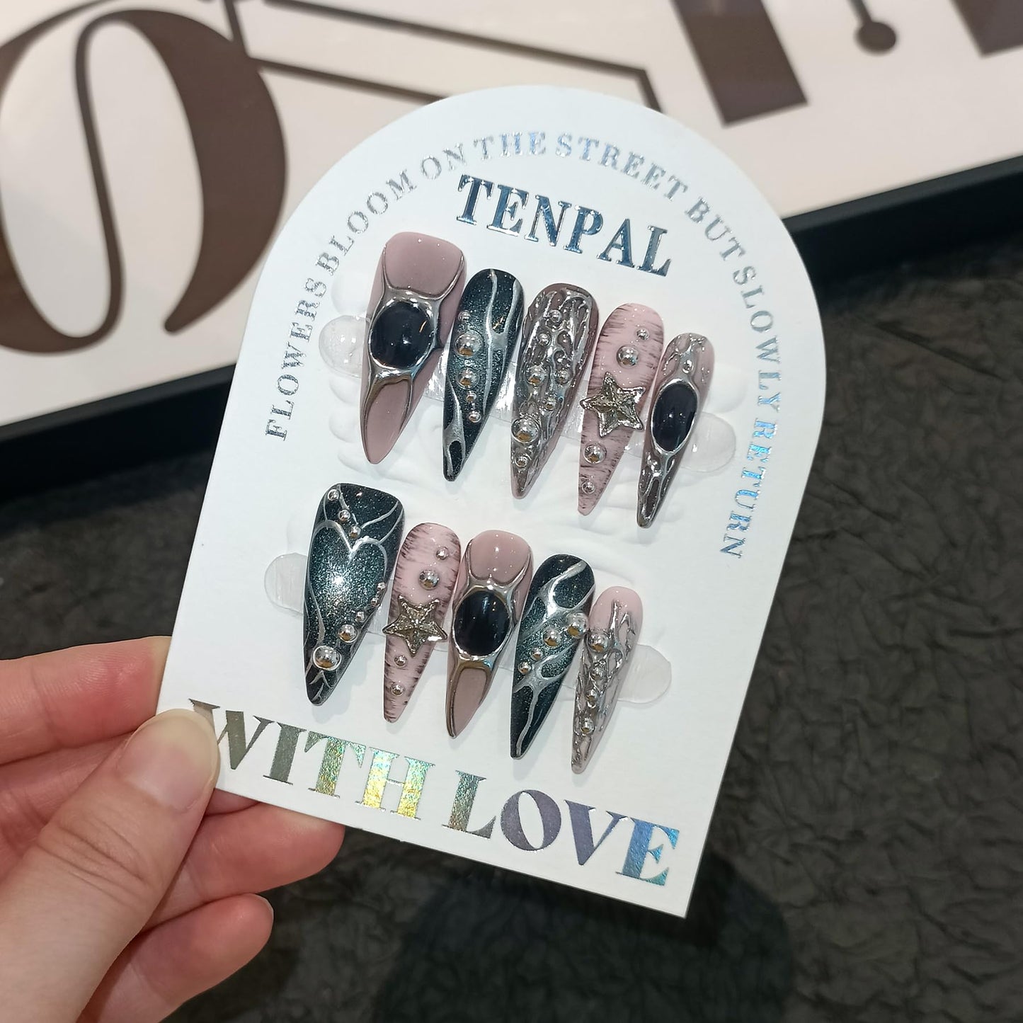 TENPAL Pink Black Press on Nails Long Stiletto,Metal Gothic Fake Nails with Punk Stars Beads,Cat Eye Glitter Edgy Y2K Ins False Nails with Tools,Sweet Grunge Irregular 3D Handmade Nails 10pcs(S)