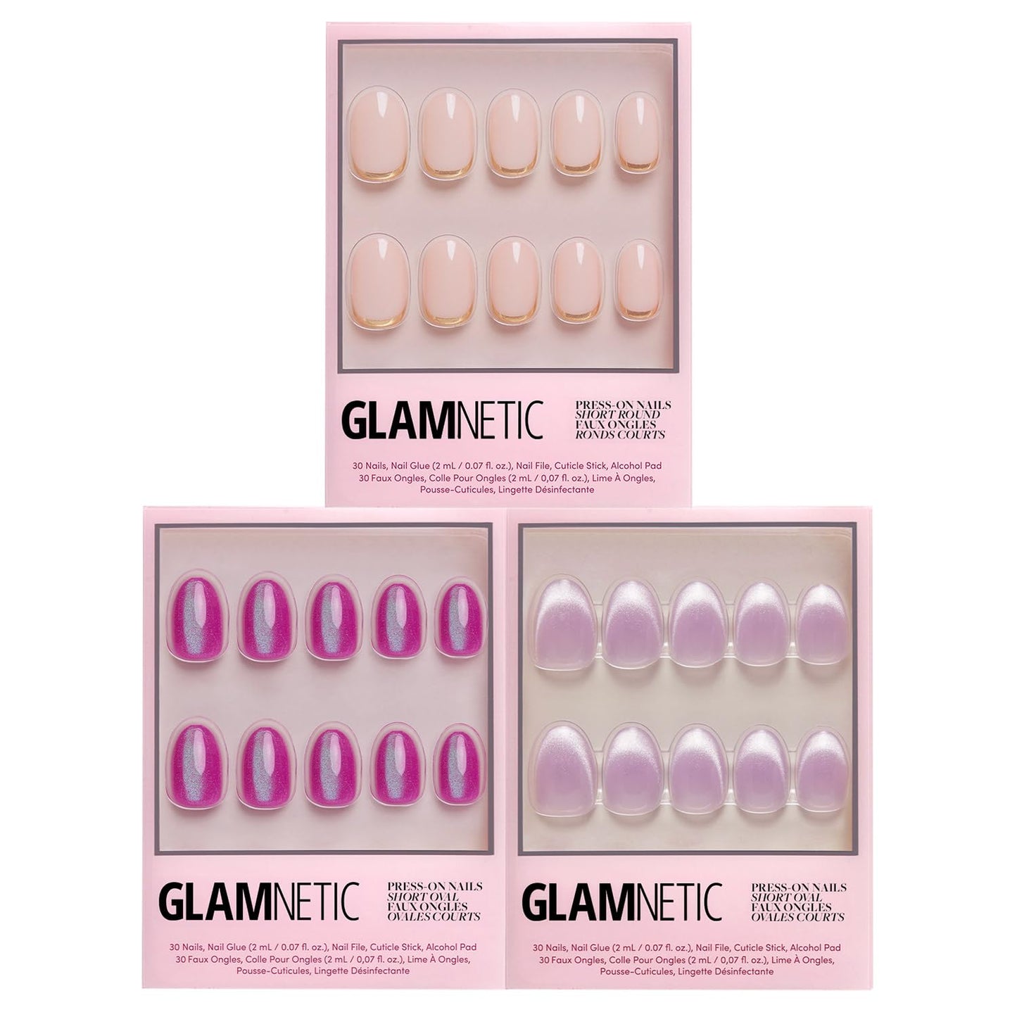 Glamnetic Press-On Nails Bundle - Berry Fizz, Fairy Dust, Goal Digger | Short Oval Magenta Nails | Semi-Transparent Round False | Beige-Pink Oval Fake | Reusable Nail Sets