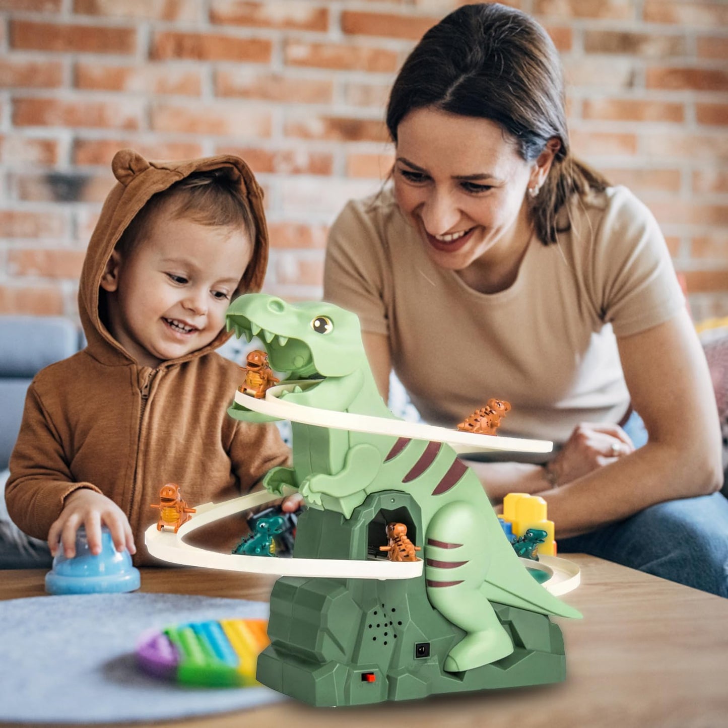 Dinosaur Chasing Race Track, Dinosaur Climbing Slide Stair Toy, Electric Dino Roller Coaster with Light and Music Electric Race Track Game Set Fun Track Slide