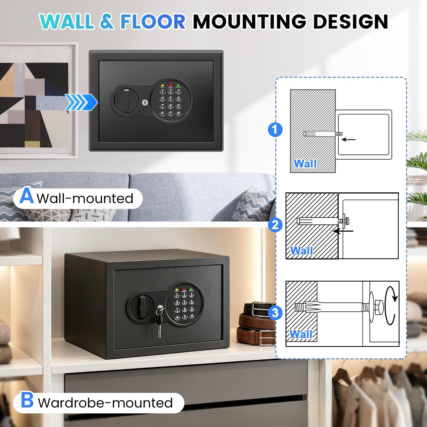 Mitlvge 0.9 Cuft Small Safe Box, Money Safe with Removable Shelf, Fireproof Waterproof Bag and Programmable Keypad, Home Safe with Smart Alert and Wall Mount Kits for Money, Jewelry and Documents