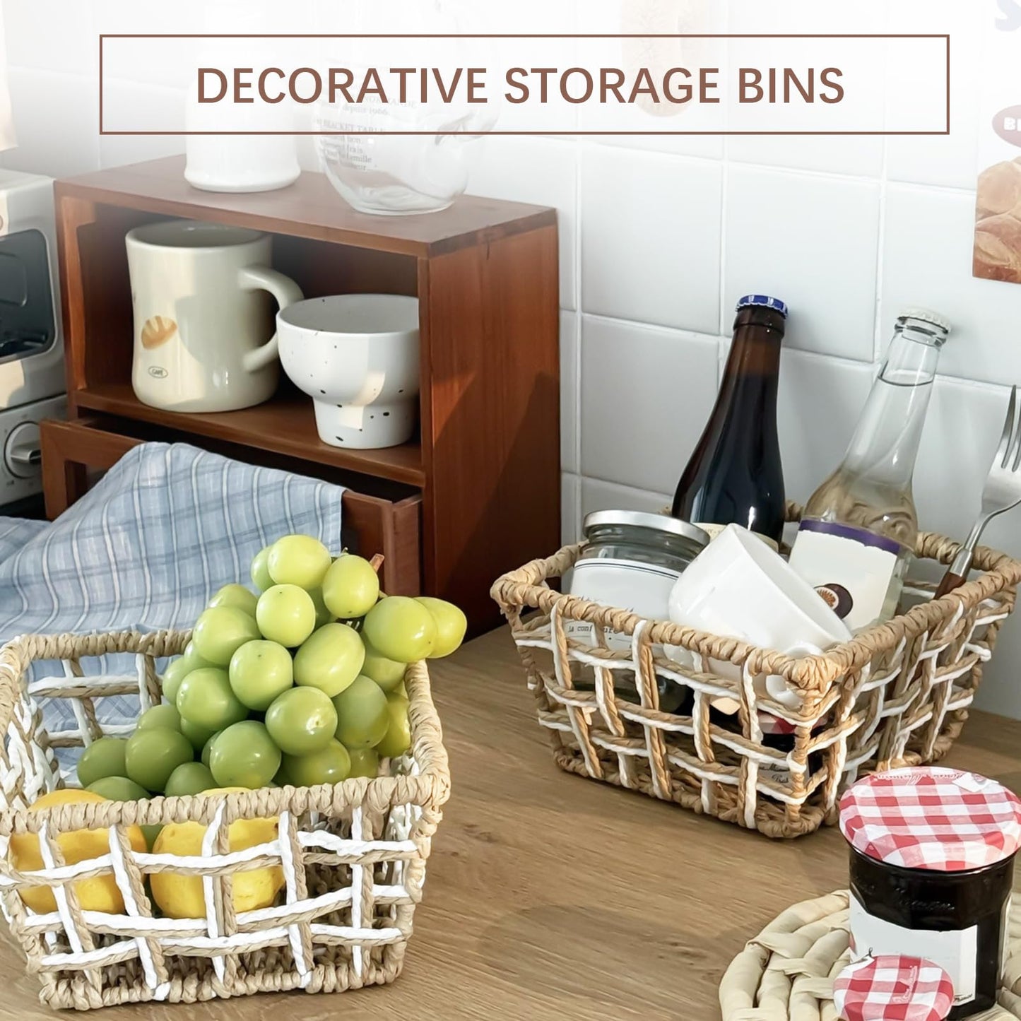 Woven Storage Basket, Rustic Farmhouse Decor, Multi-Purpose Organizer Bin, Countertop & Toilet Tank Basket for Home, Bedroom, Living Room, Entryway (Purple and Beige)