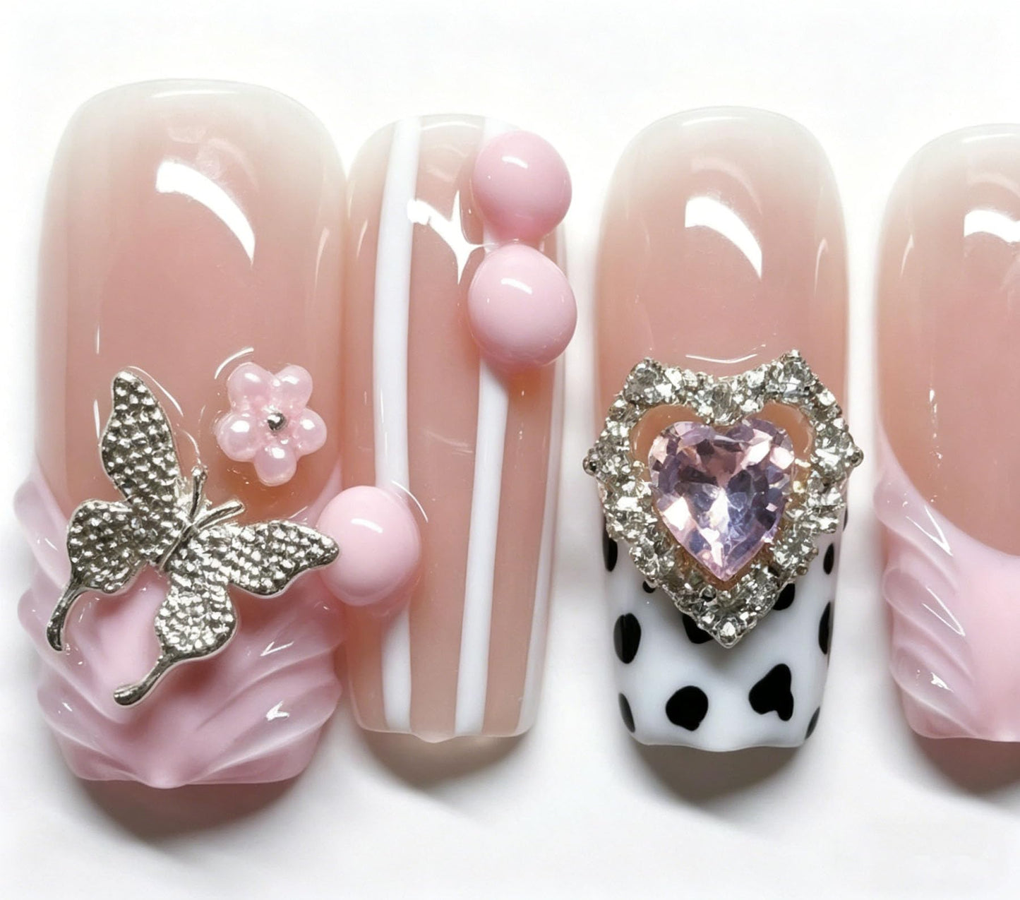 Handmade Press on Nails Square 3D Cute Glue on Nails for Women, Luxury Homemade Press on Nail Art Design, Fake Nails with 3D Nail Charms Size M 4