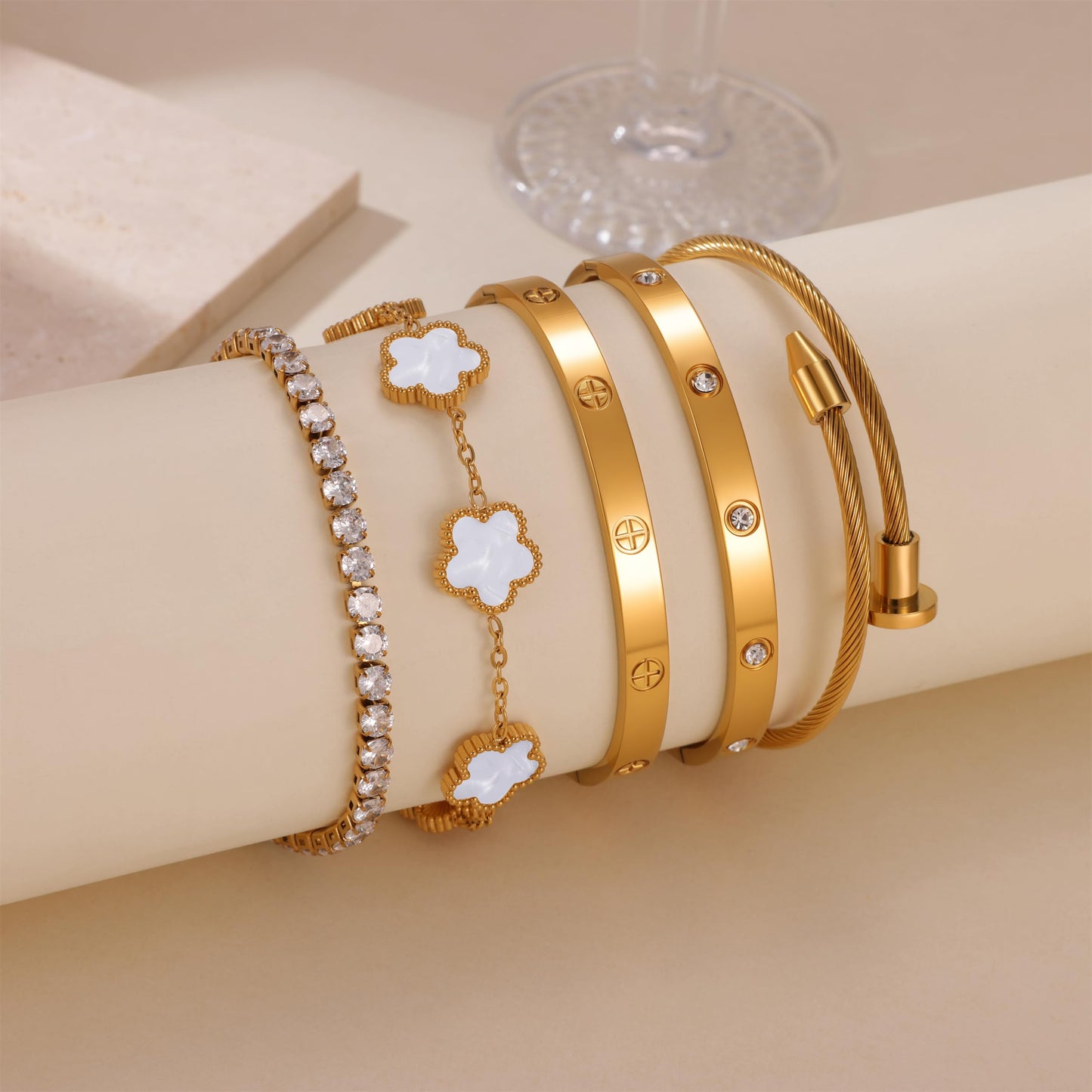 RIVOWMKI 18K Gold Plated Bracelet Set for Women, Sparkling CZ Bangle Adjustable Tennis Bracelet, Stackable Clover Jewelry, Non Tarnish Non Fade Long Lasting Shine for Client Meeting Afternoon Tea