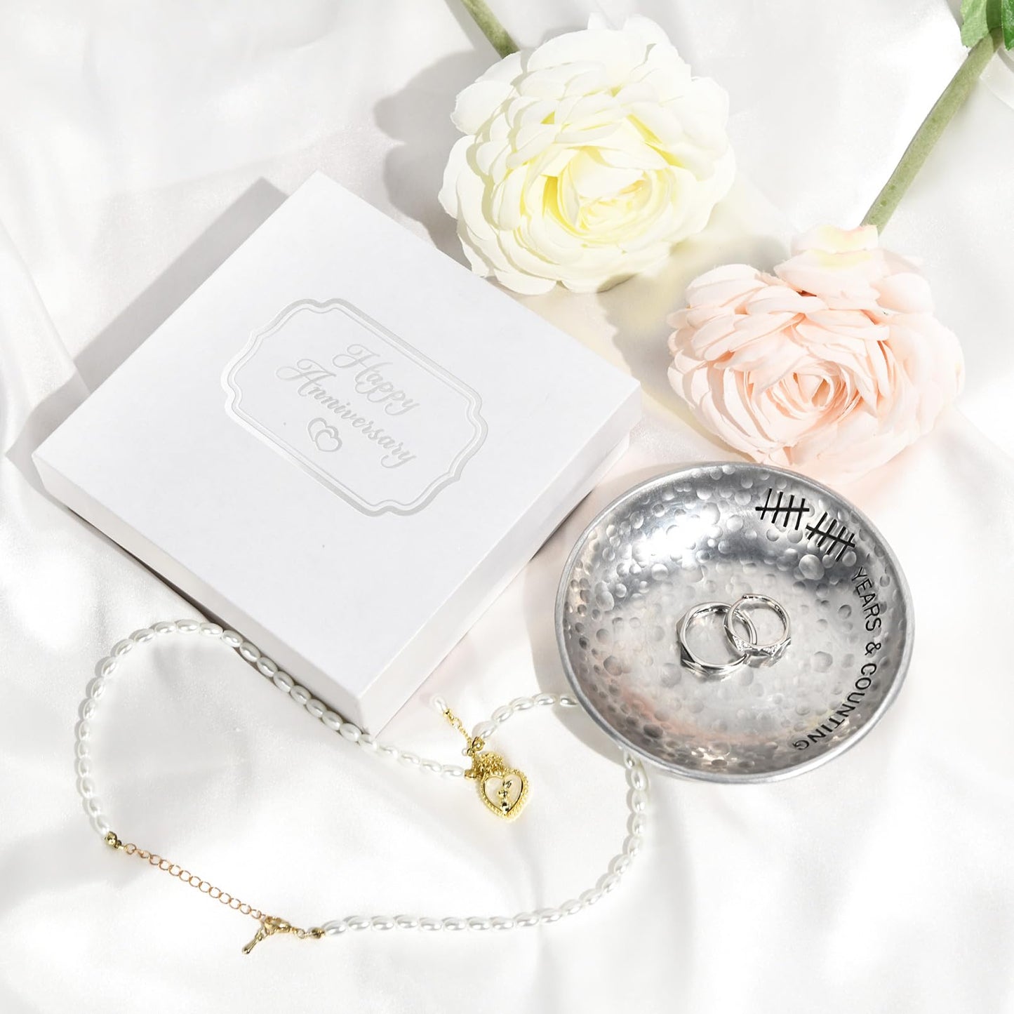 CEELGON 10 Year Wedding Anniversary Tin Gifts - 4" Tin Jewelry Tray Engraved Aluminum Decorative Dish for Couple