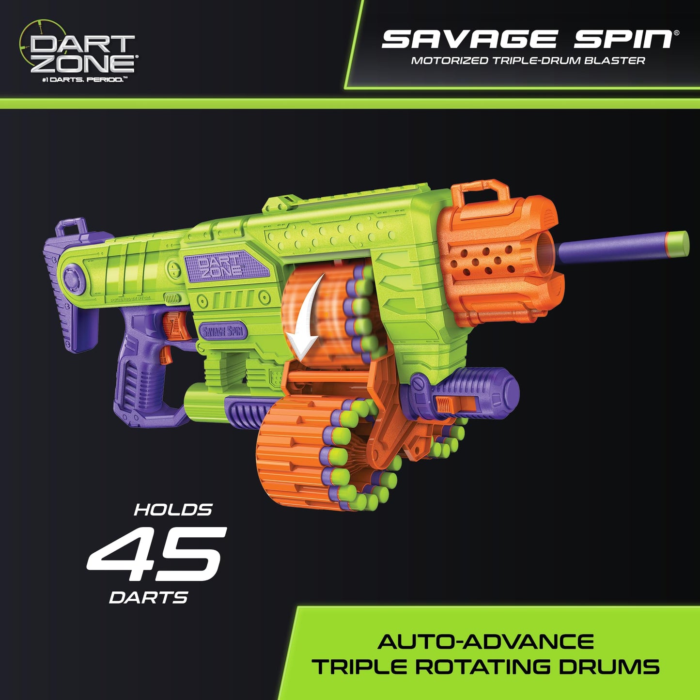 DART ZONE Savage Spin Semi-Auto Foam Dart Blaster – 45-Dart Triple-Drum Motorized Foam Dart Gun – NERF Dart Compatible Soft Bullet Toy Gun for Kids w. 90 Darts – AKA Adventure Force Gun – 80 ft Range