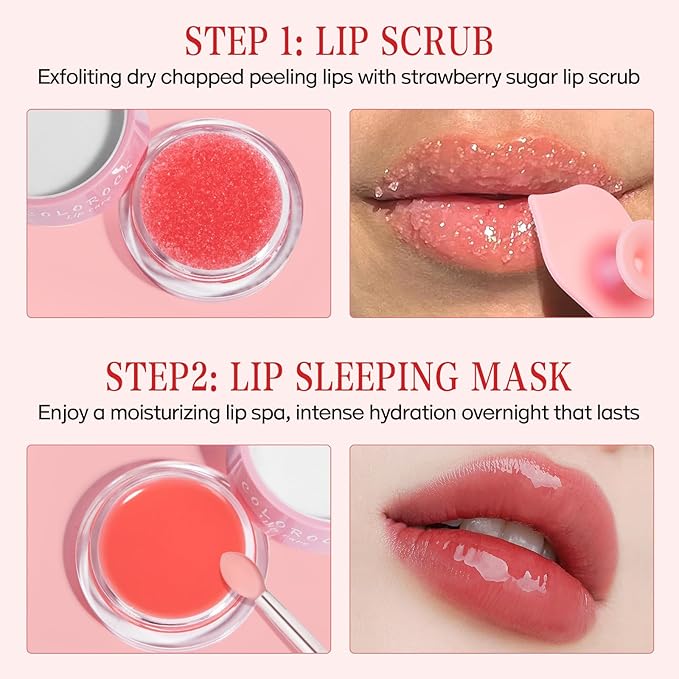 Lip Mask &Sugar Lip Scrub Set Natural Lip Treatment Duo - 4 IN 1 Lip Sleep Mask Gift Set for Exfoliate,Nourish Soothe & Hydrate Dry and Flaky Lips-Lip Mask Overnight for Lip Care-Strawberry