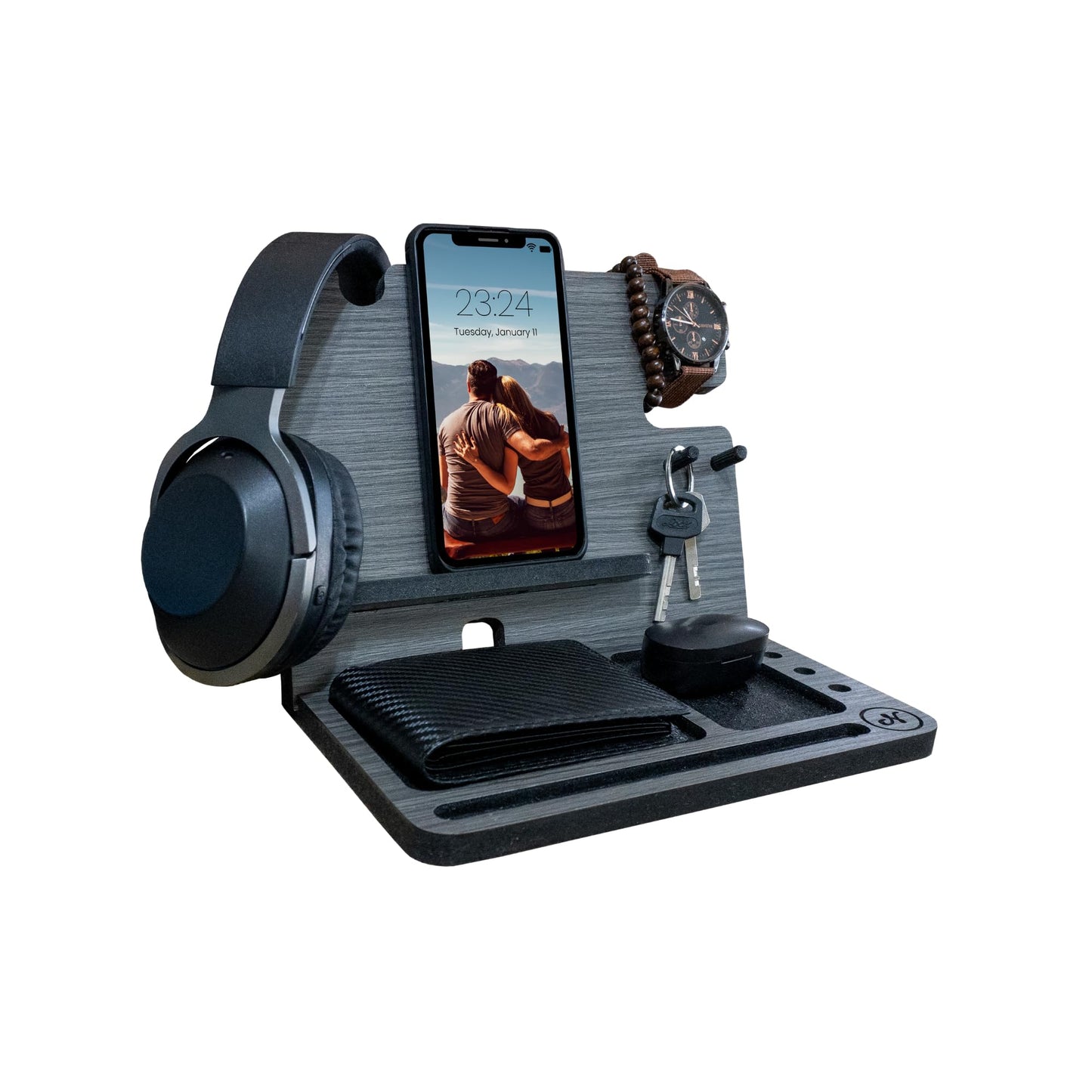 Namore Wood Phone Docking Station for Men – Nightstand & Desk Organizer with Valet Tray for Wallet, Watch & Keys – Bedside Organizer Gift for Husband or Dad