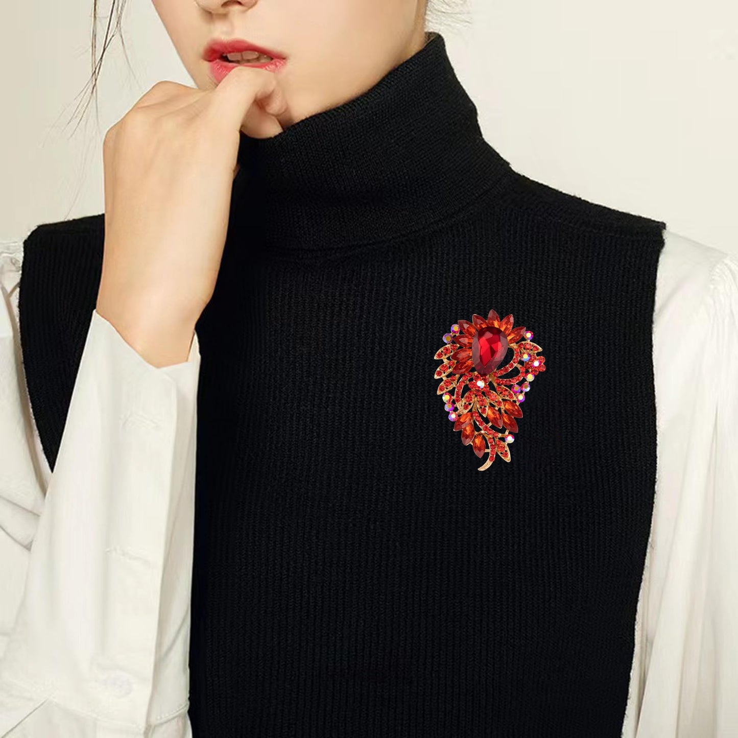 SELOVO Big Large Red Rhinestone Brooch Pin Sweater Jewelry Accessory Gold Tone