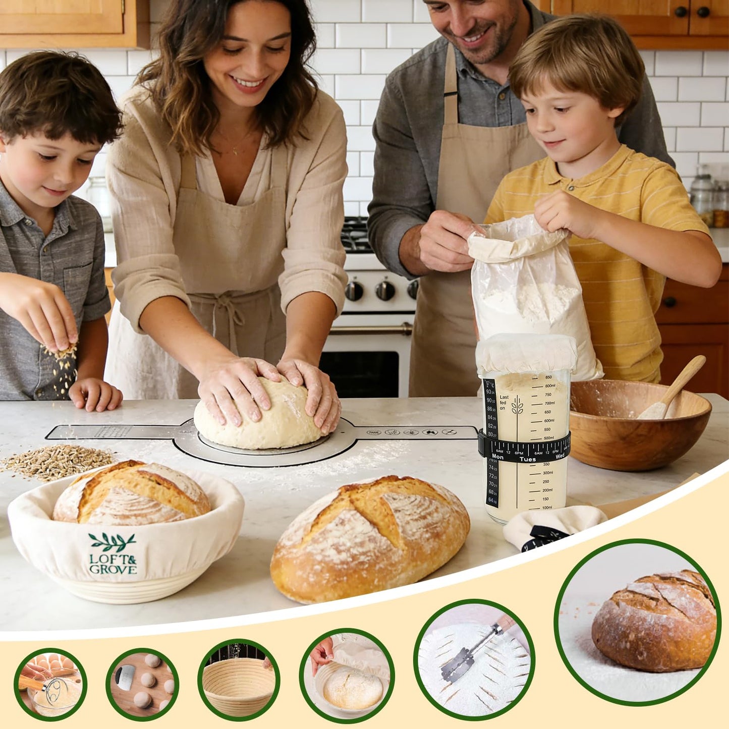 Loft & Grove Sourdough Starter Kit – Complete Bread Baking Kit with 9” Banneton Proofing Basket, 34oz Starter Jar with Feeding Tracker, Dough Whisk, Bread Lame – Beginner Sourdough Baking Supplies