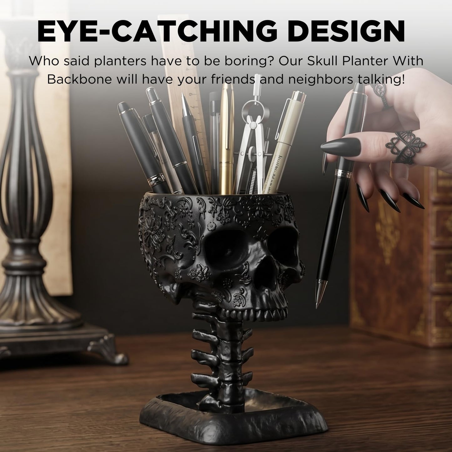 GUTE Skull Planter Pot, Makeup Brush & Pen Holder - Black Skeleton Backbone Plant, 6" Deep Polyresin Strong for Succulents Plants & Flowers - Spooky Skulls Home Decor Serving