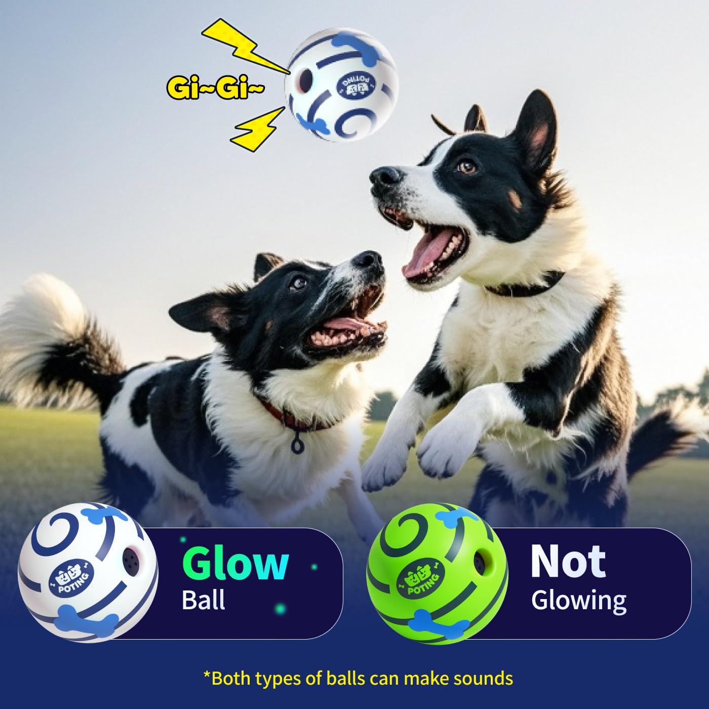 POTING Giggle Ball for Dogs 2 Pack, Glowing Interactive Dog Toys Balls, Rolling Squeaky Toy for Large Medium Small Dogs, Fun Giggle Sounds Attract Attention When Rolled or Shaken - 3.94 inch