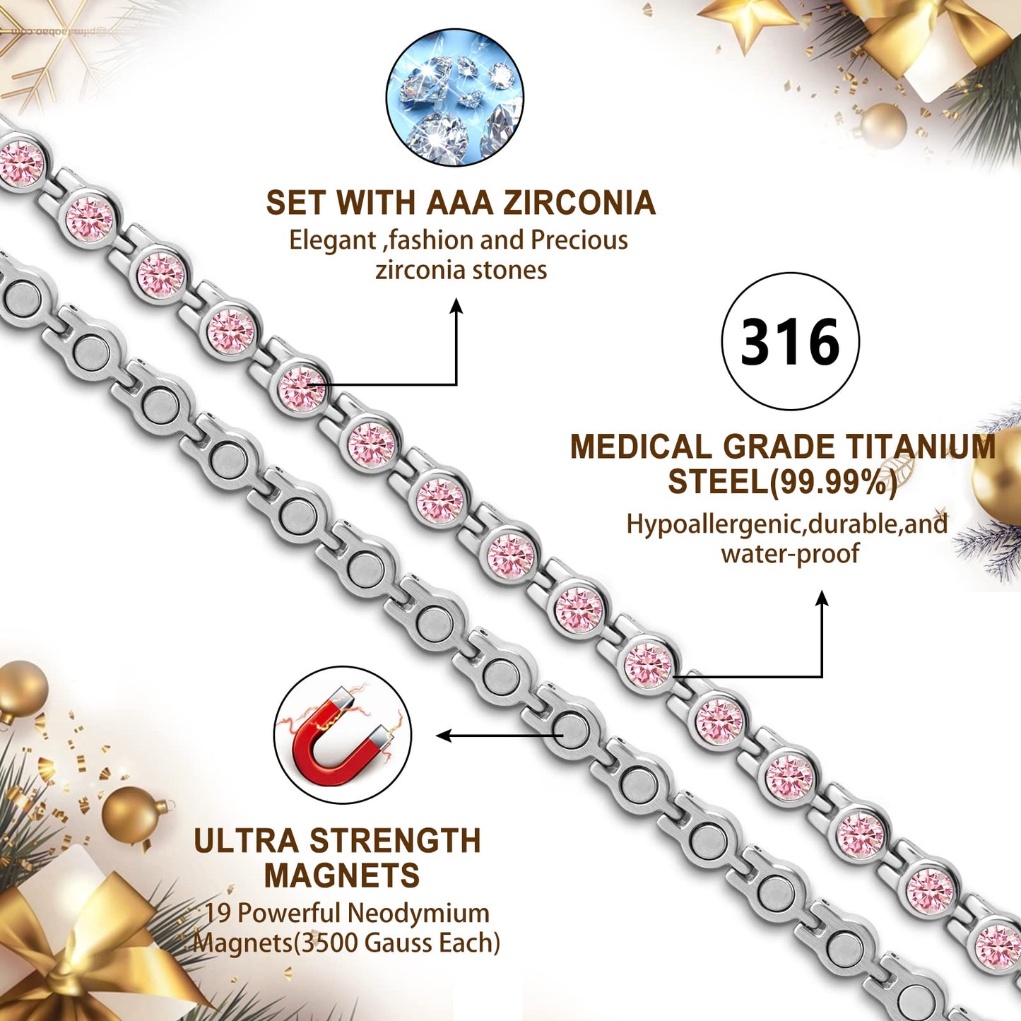 JEROOT Ultra Strength Magnetic Bracelet for Women | 3500-6000 Gauss Neodymium Magnets | Magnetic Therapy Jewelry with Adjustable Tool & Gift Packaging