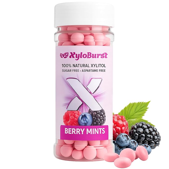 XyloBurst Mints Sugar Free Mint candies with Xylitol, Aspartame Free, Gluten Free, Vegan & Keto Friendly 200 Count Jar (1 Bottle Pack, Berry)