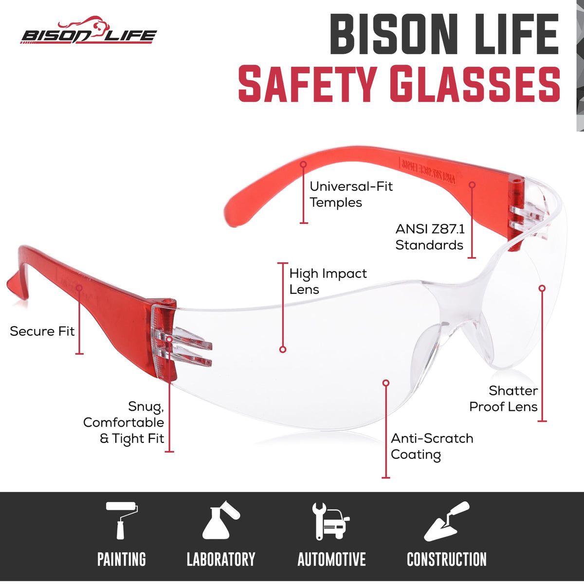 Clear Lens Red Temple Safety Glasses Bulk 6 Pack (6 Count)