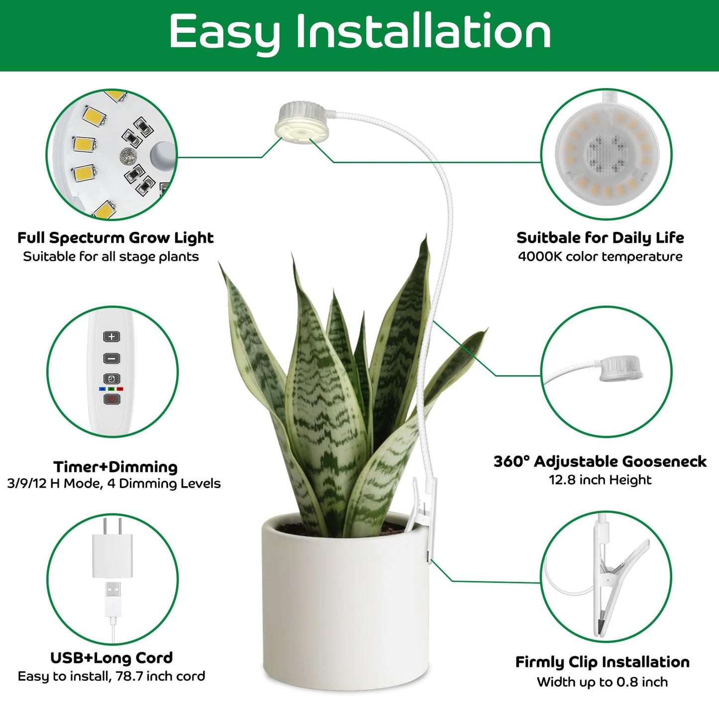 YKoliron Grow Lights for Indoor Plants, Clip on Full Spectrum Plant Light, Plant Grow Lights Indoor with Adjustable Gooseneck and 10-Level Dimming, 3/9/12H Timer for Office Home (2 Packs)