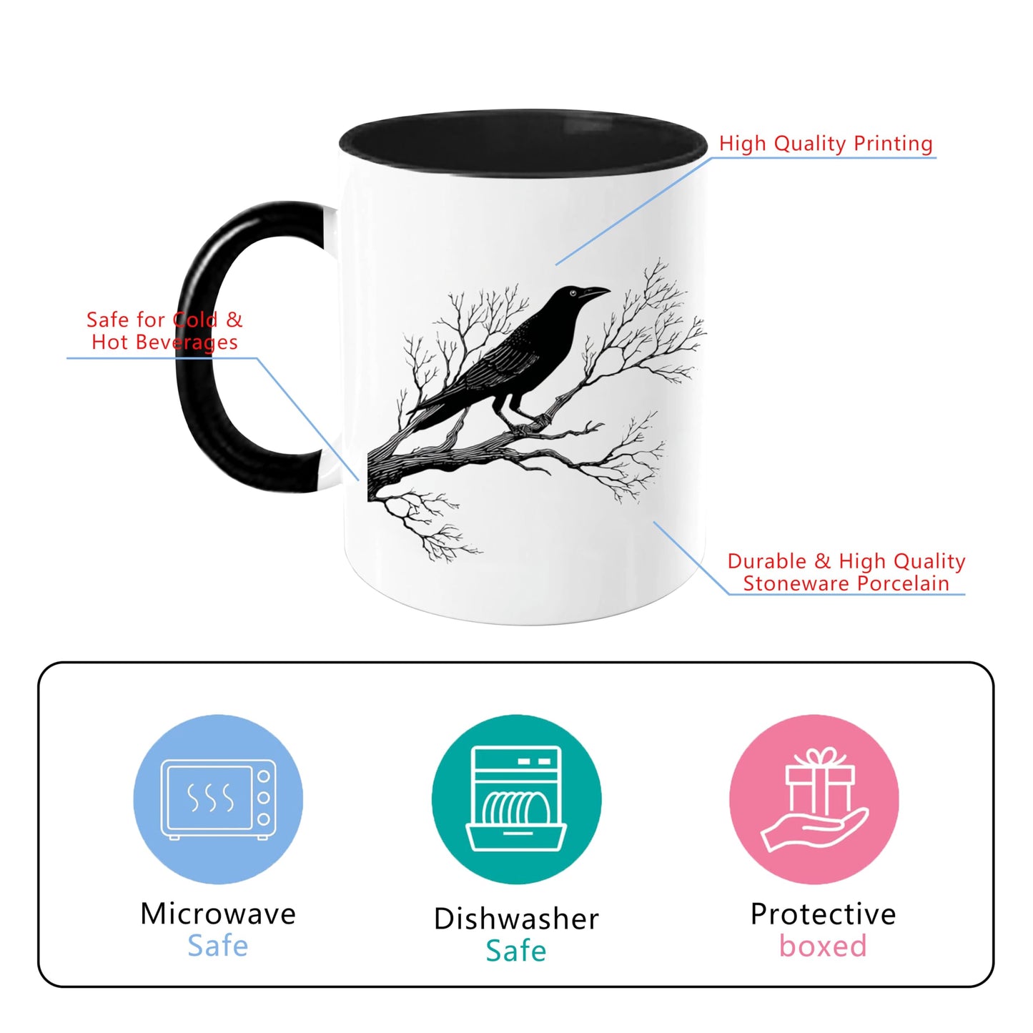 Gothic Raven Mug – Ceramic Crow Coffee Cup for Bird Lovers | Goth Decor Drinkware for Men | Unique Crow Gifts & Gothic Merch