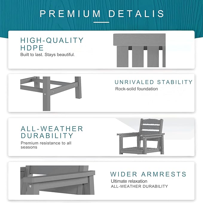 7 Piece Patio Dining Set with 11ft Patio Umbrella (Teal), 7 Gray Outdoor HDPE Dining Set with 6 Chairs + 1 Large Table, for Market, Pool, Garden, Backyard, Deck
