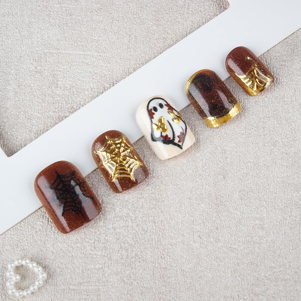 Press on Nails Halloween Short Square Fake Nails Fall Brown Ghost False Nail with Gold Cobweb Designs Full Cover Halloween Glue on Nails Reusable Acrylic Nail for Women 24Pcs