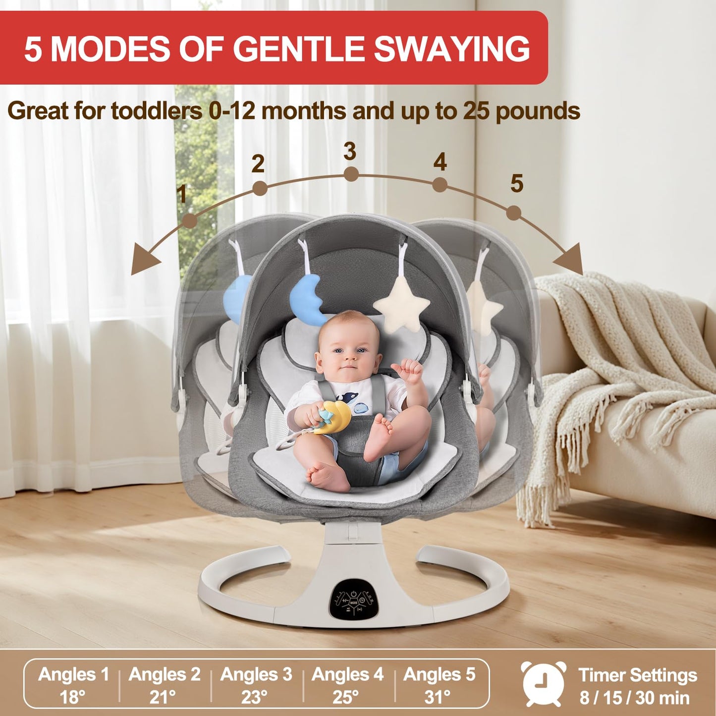 Baby Swing 3 in 1 Multifunctional Infant Rocker, Portable with Remote Control, 5-Point Seat Belt, 5 Auto Rocking, 3 Speed Timer, Electric with Music (0-12 Months) (Grey)