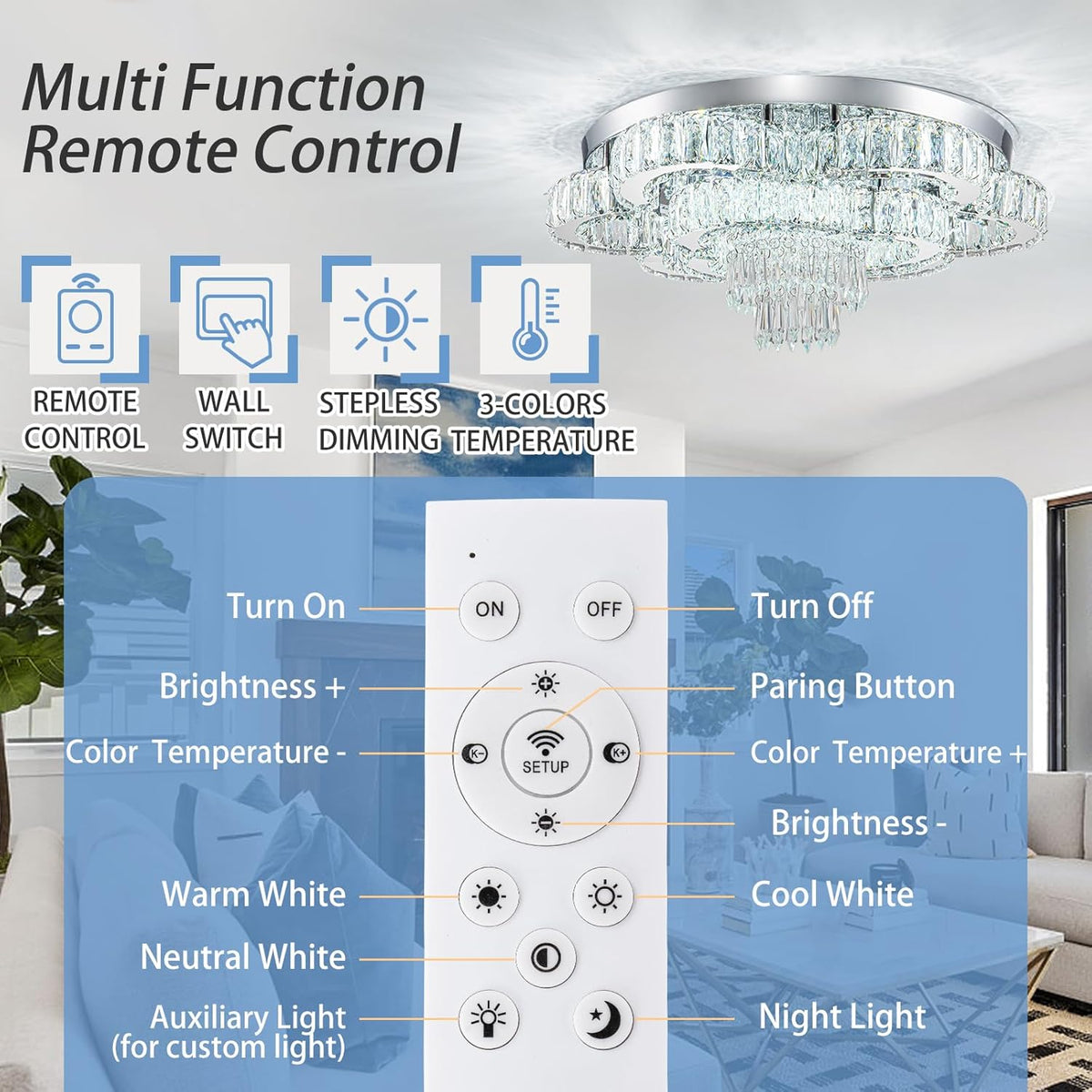 21 Inch Crystal Chandeliers with Remote Control LED Chandelier Modern Mount Flush Mount Chandelier Ceiling Light Fixtures for Bedroom Living Room Dining Room(Dimmable)