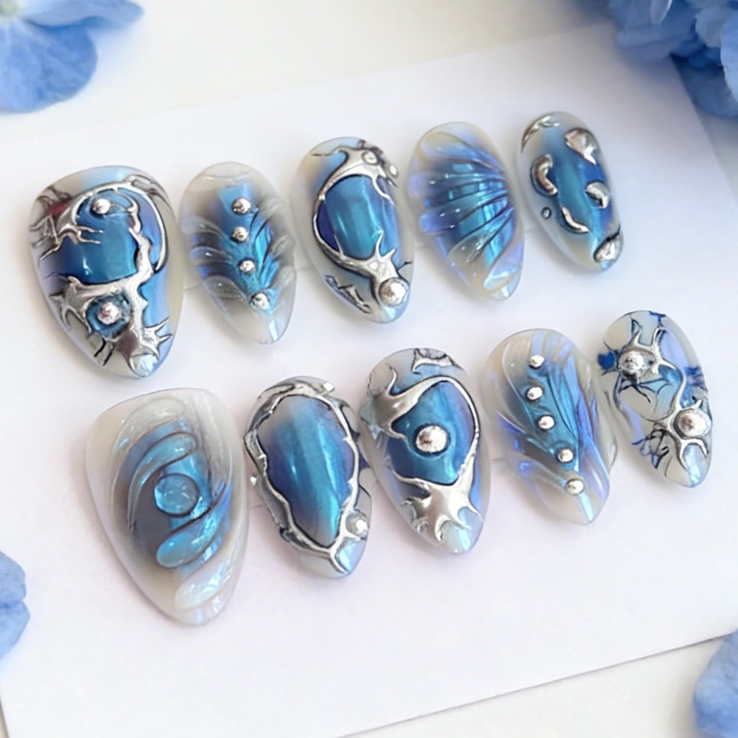 30Pcs Blue Almond Press on Nails Medium Fake Nails 3D Sliver Irregular Design Chrome False Nails Punk Sliver Acrylic Nails Full Cover Reusable Y2k Nails Glossy Blue Stick on Nails for Women