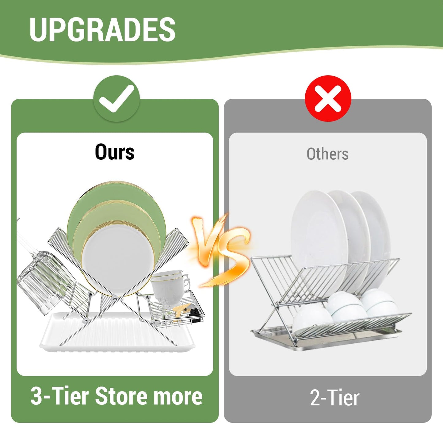Dish Rack with Drip Tray, Stainless Steel 3-Tier Collapsible Drainer Dish Drying Rack for Kitchen Counter, Sink, Countertop,Cutlery, Dishes Utensils Flatware Holder Set, Reversible Cup Draining Rack