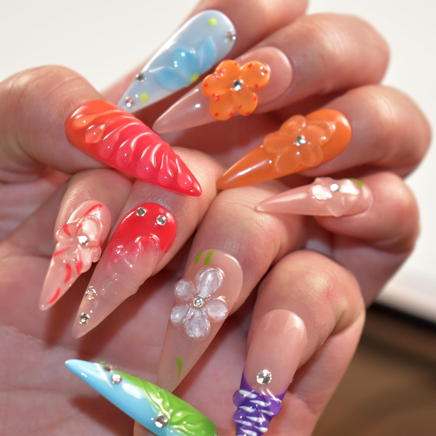 LIFOOST Handmade Press On Nails Long Stiletto Fake Nails Glue Stick On Nails with Flowers Bling Rhinestones