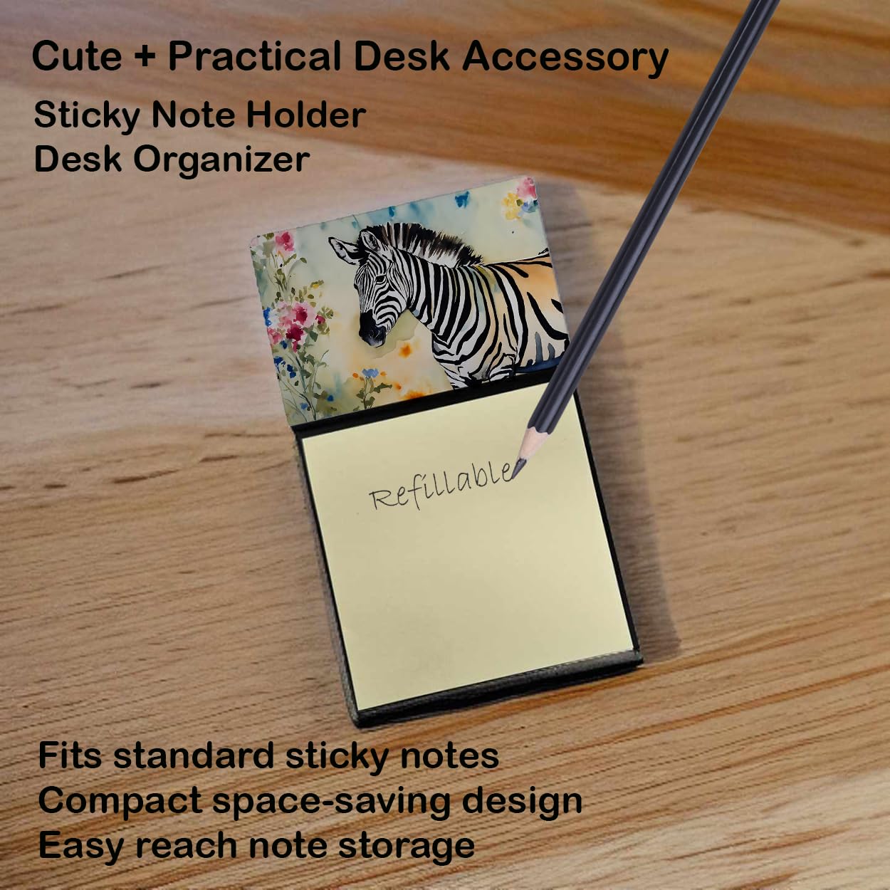 Caroline's Treasures Zebra Sticky Note Holder Refillable Dispenser Self-Sticky Note Pads, Memo Pads Blank Desk Accessories