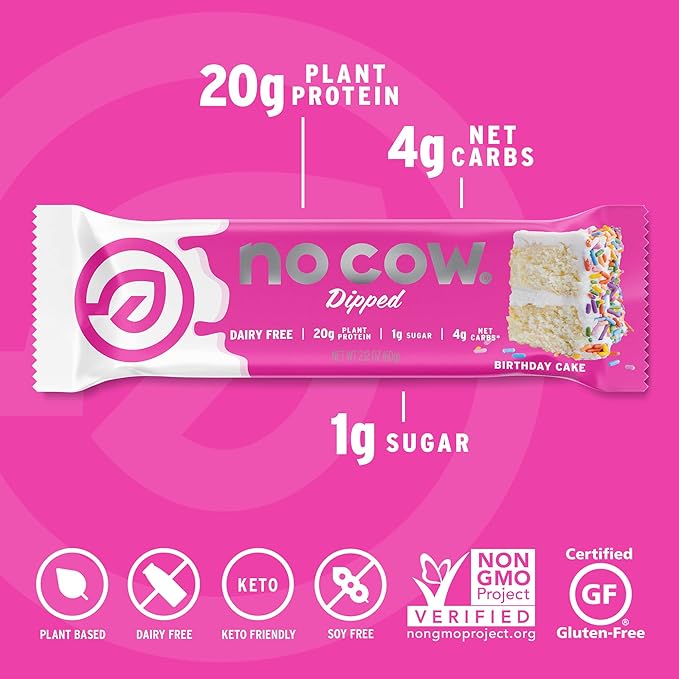 No Cow Vegan Protein Bars, Upgraded Birthday Cake | 20g Plant Based Protein, Gluten Free, Dairy Free, Soy Free, Keto Friendly, Low Sugar, High Fiber Snack Bars | Pack of 12