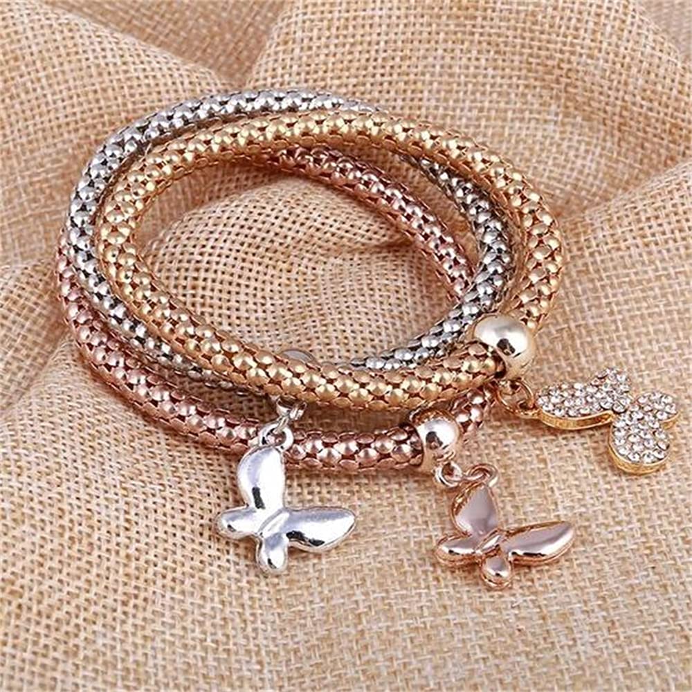 SILANER Crystal Charms Multilayer Bracelets - 3PCS Gold/Silver/Rose Gold Corn Chain Bracelet for Women, Solid Butterfly Charm Shaped Stretch Bracelet (Solid Butterfly Charm Bracelet)