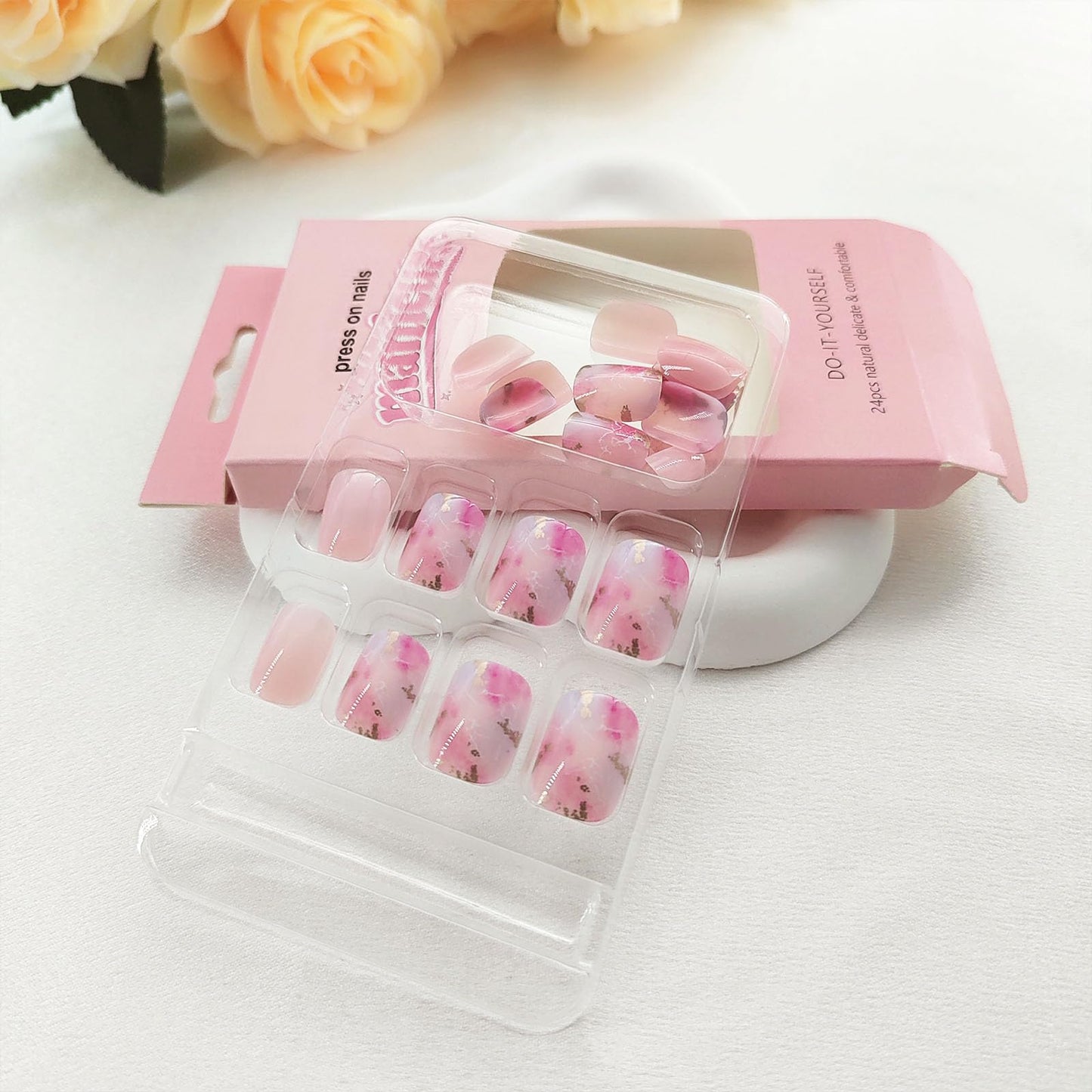Press on Nails Short Square Fake Nails Press ons Glossy Glue on Nails Cute Pink Ombre Acrylic Nails Marble Artificial Nails Bling Line Stick on False Nails with Design 24 Pcs