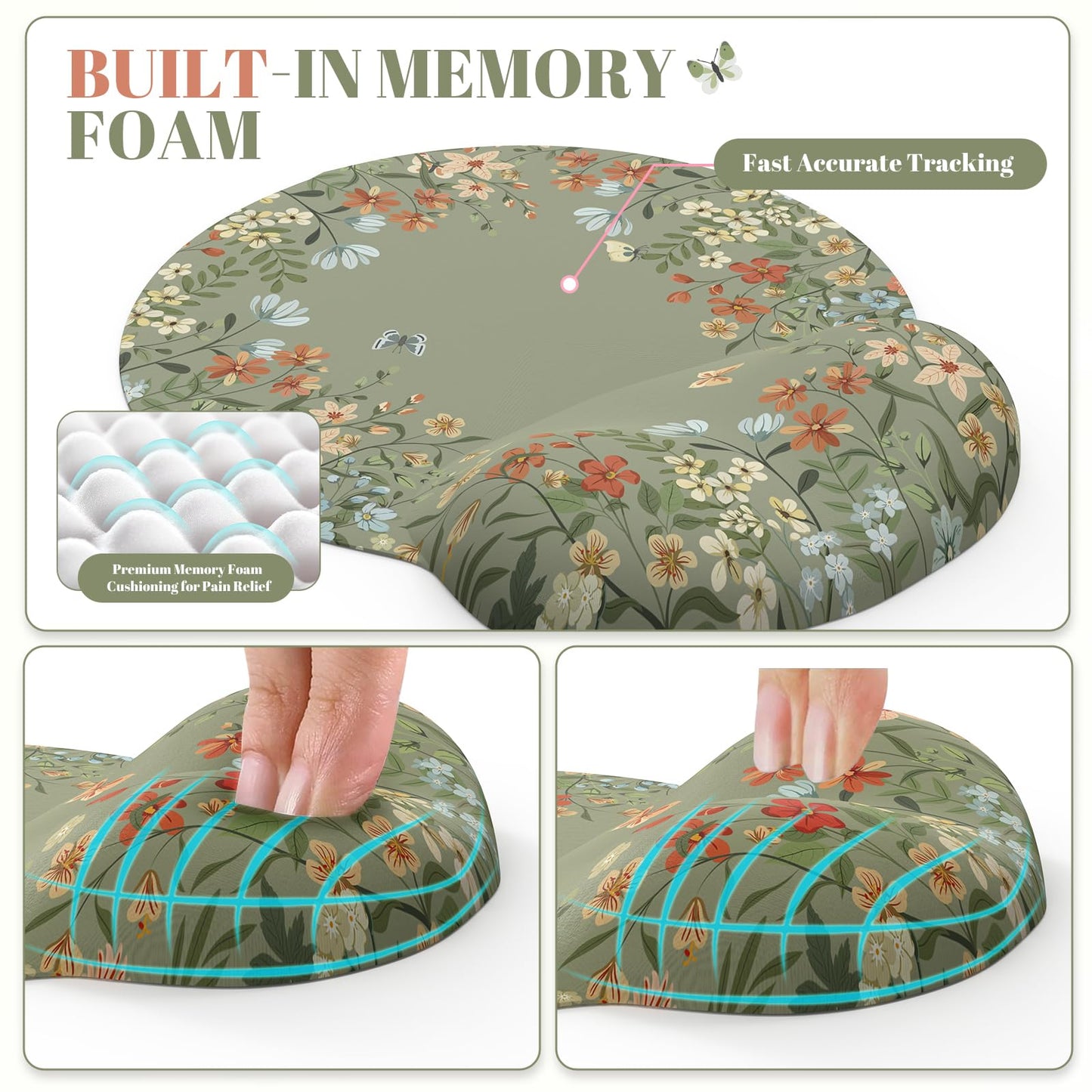 iCasso Desk Mat Set,Large Mouse Pad with Wrist Rest,Ergonomic Keyboard Wrist Support for Women,Girly Floral Computer Mat with Scalloped Edges,Non-Slip Desk Pad Home Office Gaming (Green)