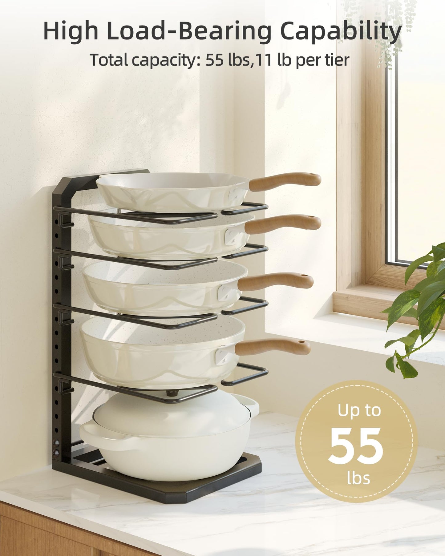 GIGIFTREE Pots and Pans Organizer under Cabinet, 5 Adjustable Tiers Heavy-Duty Pan Pot Organizer with 16.5" Height, Holds 55 LB - Cast Iron Skillets, Griddles, Shallow Cookware
