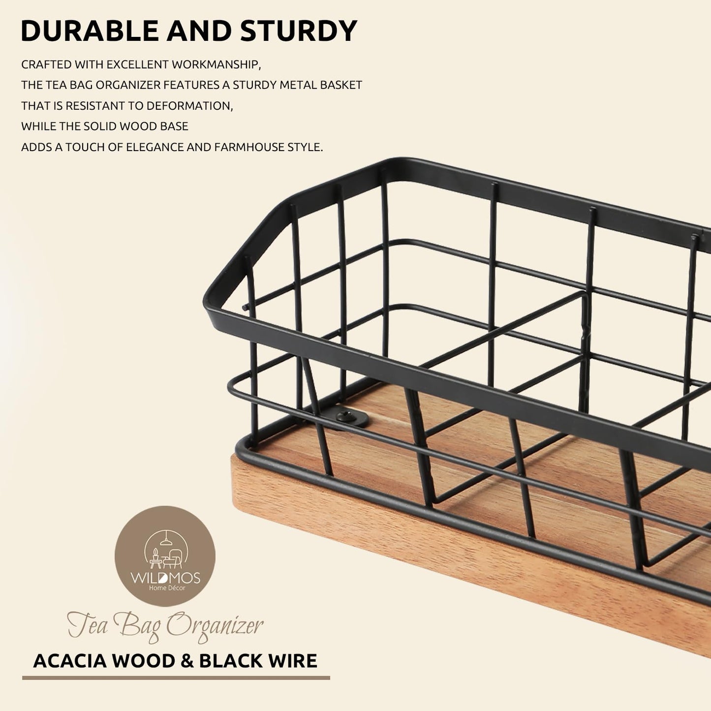 WILDMOS Tea Bag Organizer,Iron Wire Basket with Wooden Base.Tea Storage Containers with 3 Slots,Sugar Packet,Tea Bar Accessories for Countertop Cabinet Drawer.