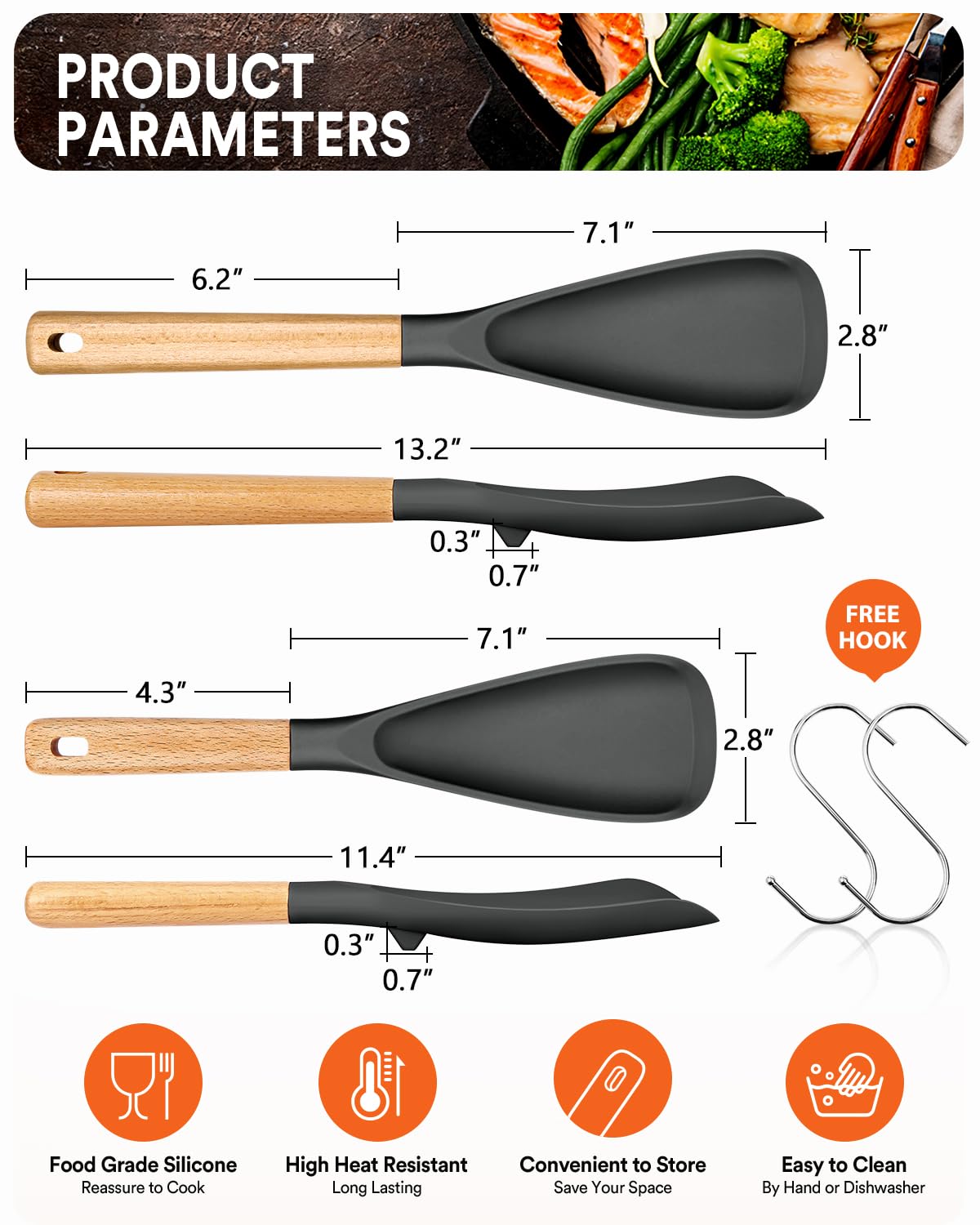 Multifunction Spoon for Nonstick Cookwares, Great for Cooking and Serving, Sturdy BPA-Free Matte Silicone, Wood Handle Spoonula for Mixing, Scoop, and Scrape, Grey(2 pack,11.4" & 13.4")