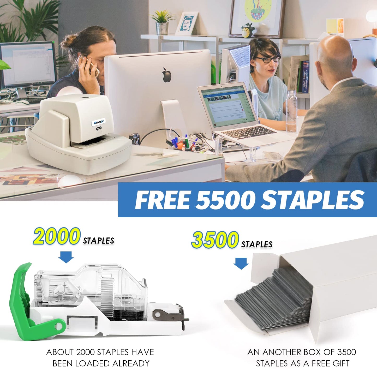 Frifreego Heavy Duty Electric Stapler, 70 Sheets 60g Paper Capacity, Automatic Flat-Clinch Stapler, Quiet and Anti-Jam for Office/School, with 5500 Staples