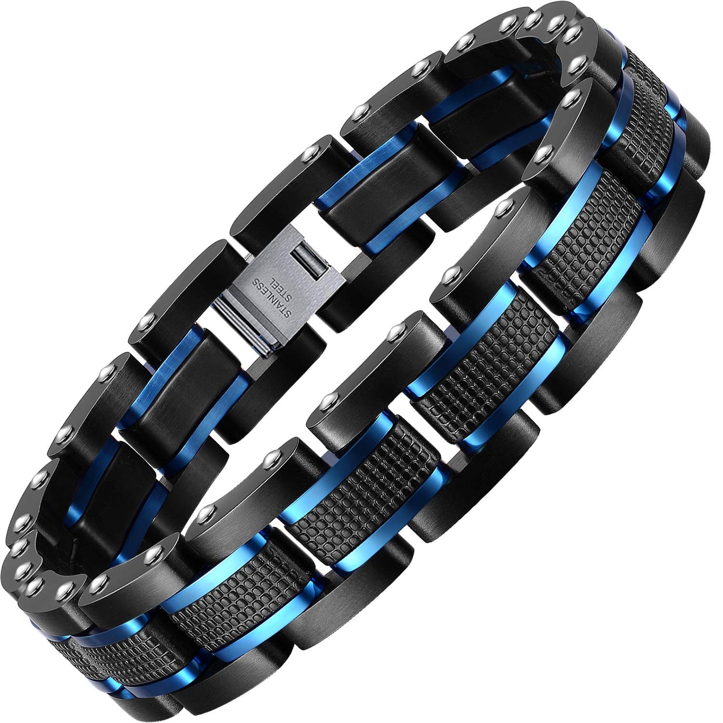Zillaly Men's Stainless Steel Two-Tone Square Link diamond Bracelet in Black & Blue Ion-Plated Black (Black & Blue)