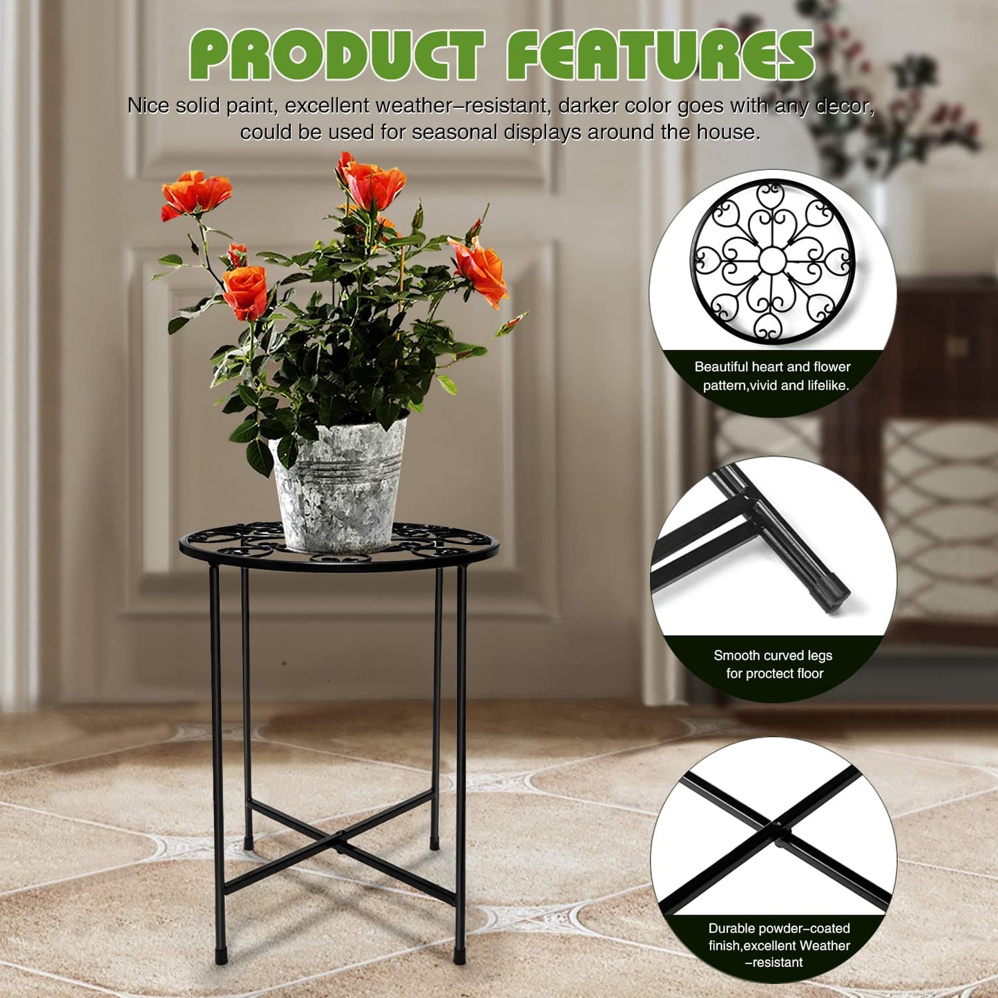 KABB Metal Plant Stand, 15'' Tall Flower Pot Set, Modern Rustproof 10-inch Round Outdoor Iron Art Stand, Black Decorative Stool for Indoor Plants