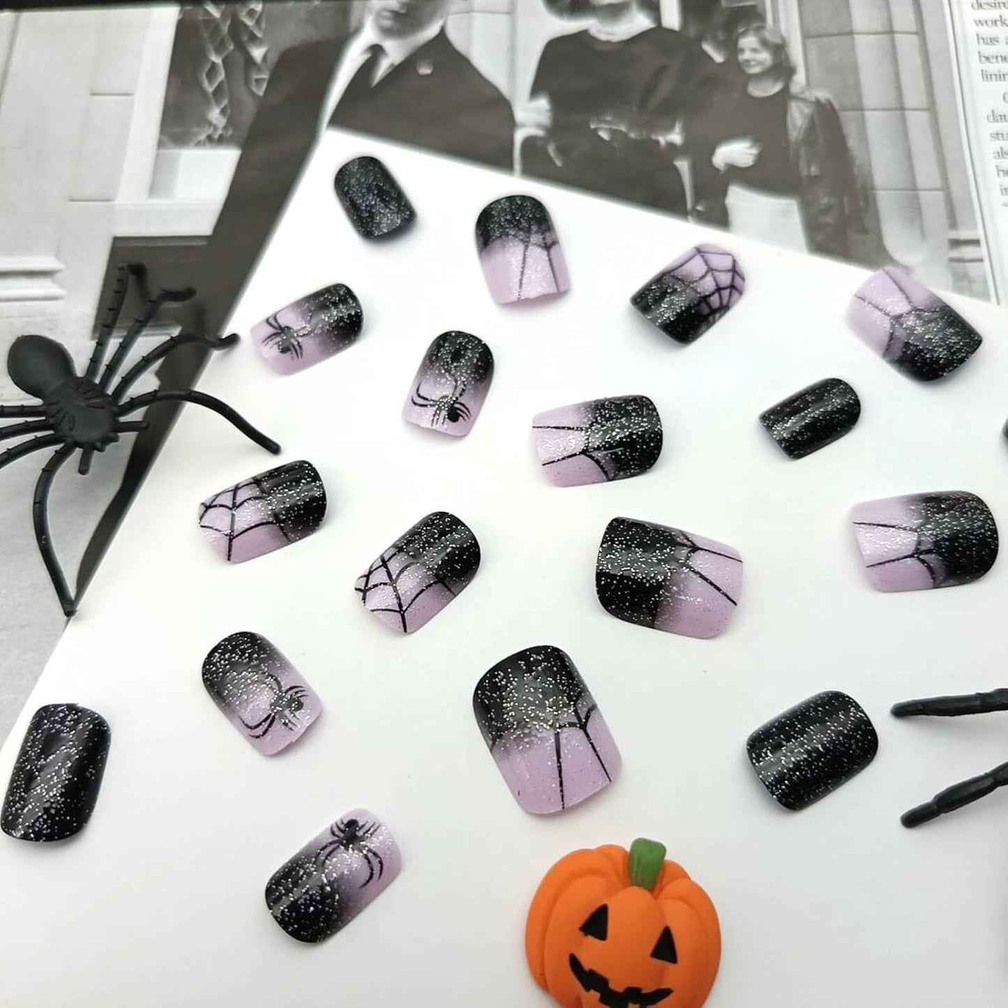 Halloween Press on Nails Square Shaped Fake Nails Cobweb & Spider False Nail with Glitter Designs Halloween Glue on Nail Black Bling Artificial Acrylic Nails for Women 24Pcs