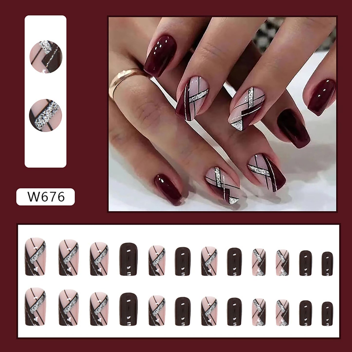24Pcs Liquor Red Press on Nails Medium RTKHFZE Square False Nails with Glitter Line Designs Fake Nails Medium Length Full Cover Acrylic Nails Stick on Nail for Women Nail Decorations