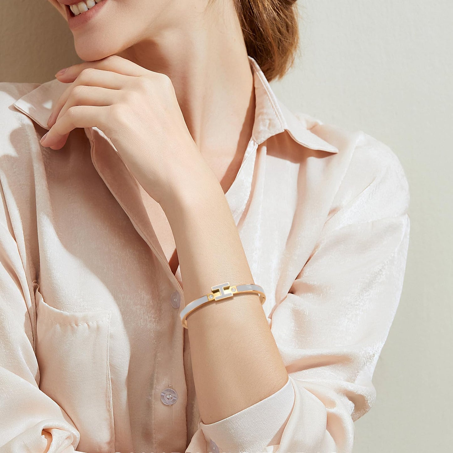 Hothink Gold Bracelets for Women, H Bangle Bracelet, Dainty 18K Gold Plated Stainless Steel Enamel Bracelet for Everyday, Work, Party, Stackable Gift for Mom, Wife, Girlfriend